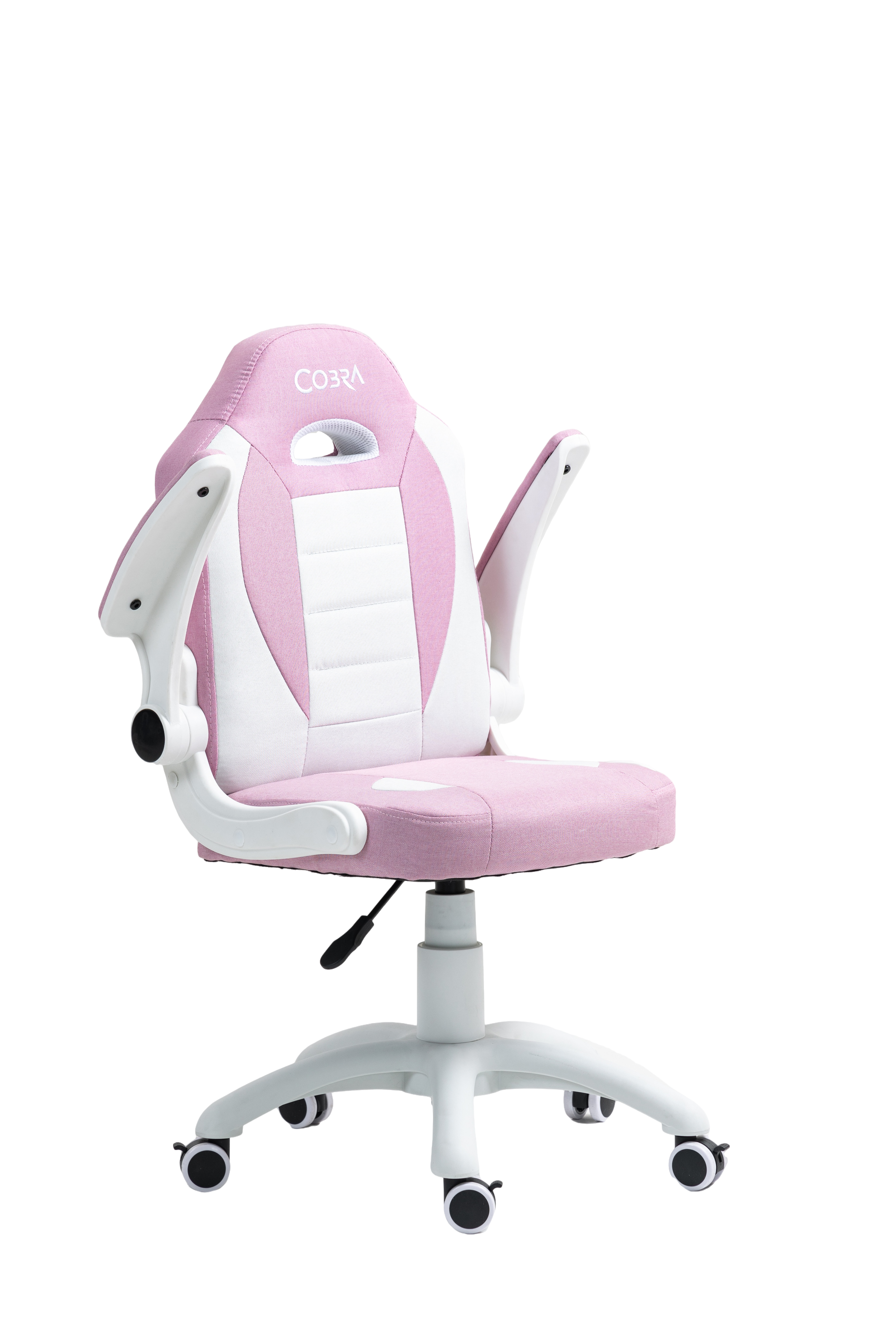 Różowe i białe krzesło gamingowe z białym stelażem i kółkami.