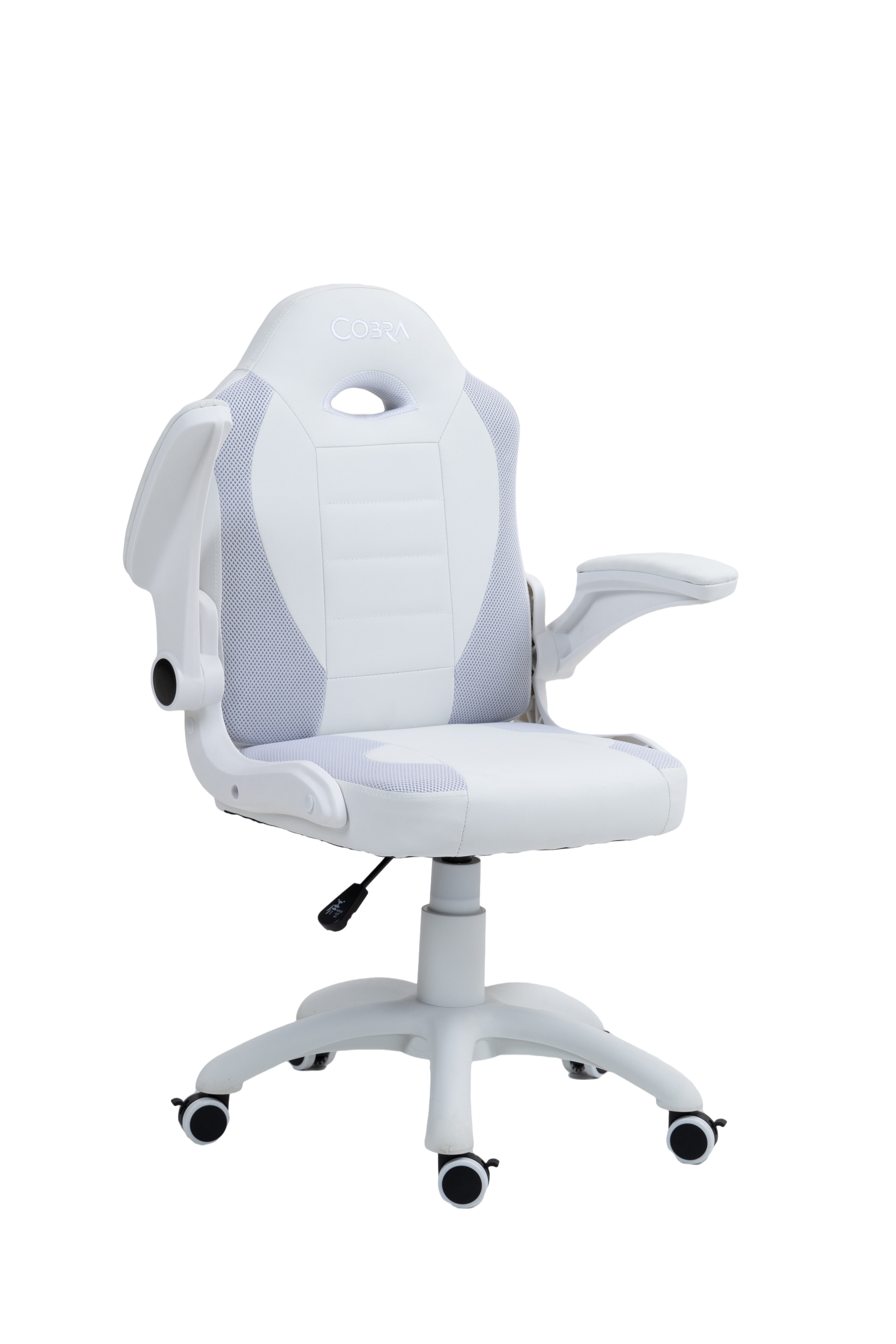 Białe krzesło gamingowe z szarymi wstawkami z siateczki i logo COBRA.