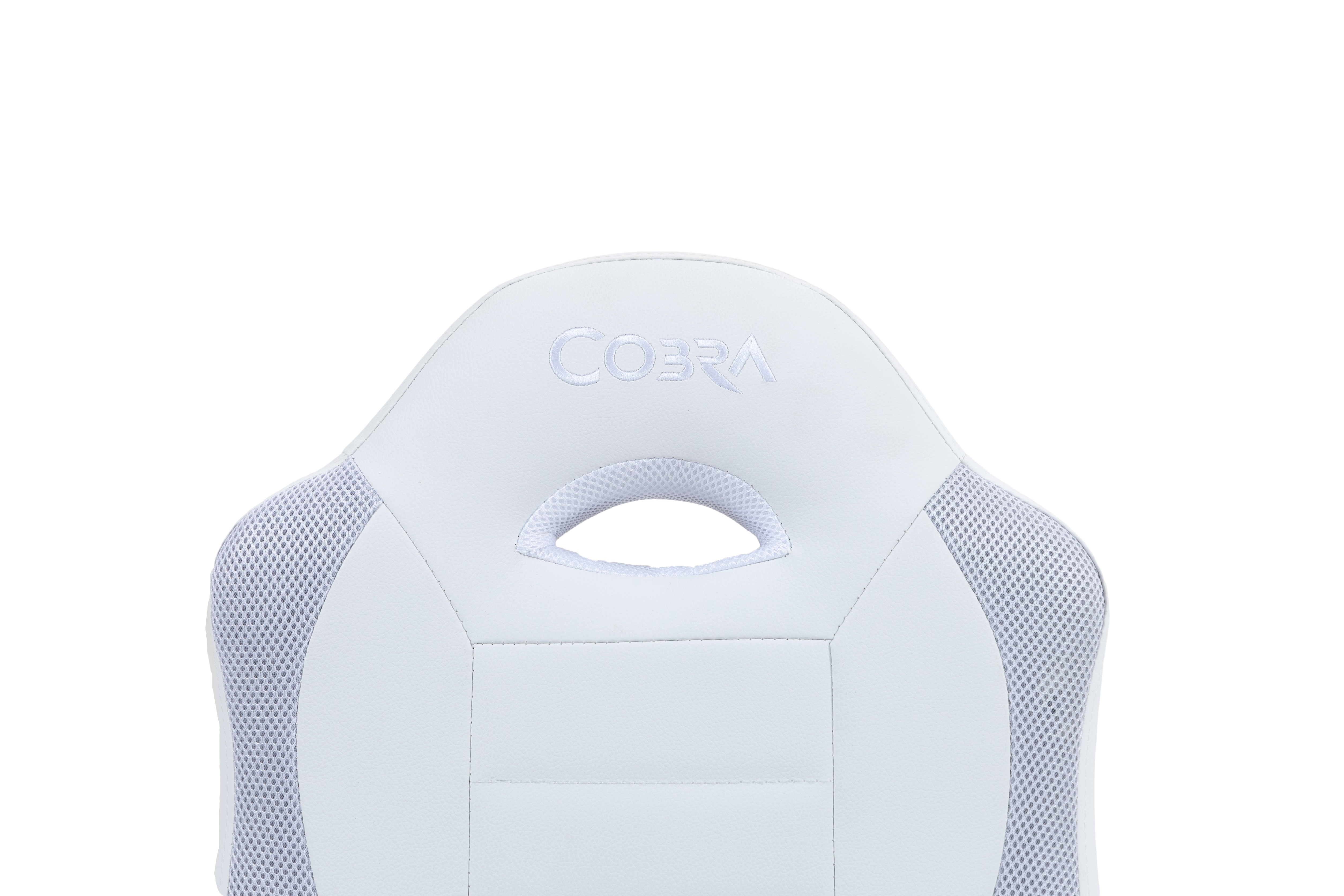 Białe krzesło gamingowe z logo "COBRA" i siateczkowymi akcentami.