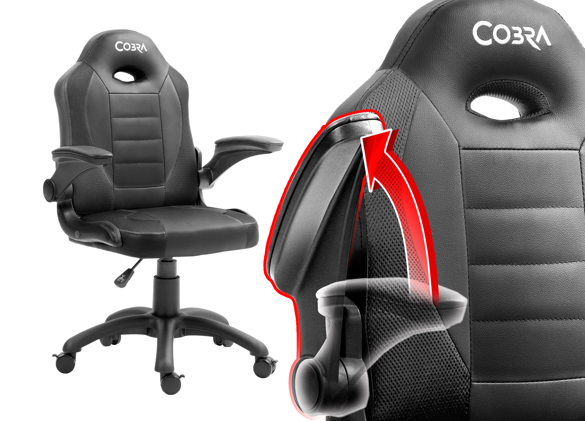 Czarny fotel gamingowy z logo COBRA. Zbliżenie pokazuje czerwoną grafikę strzałki.