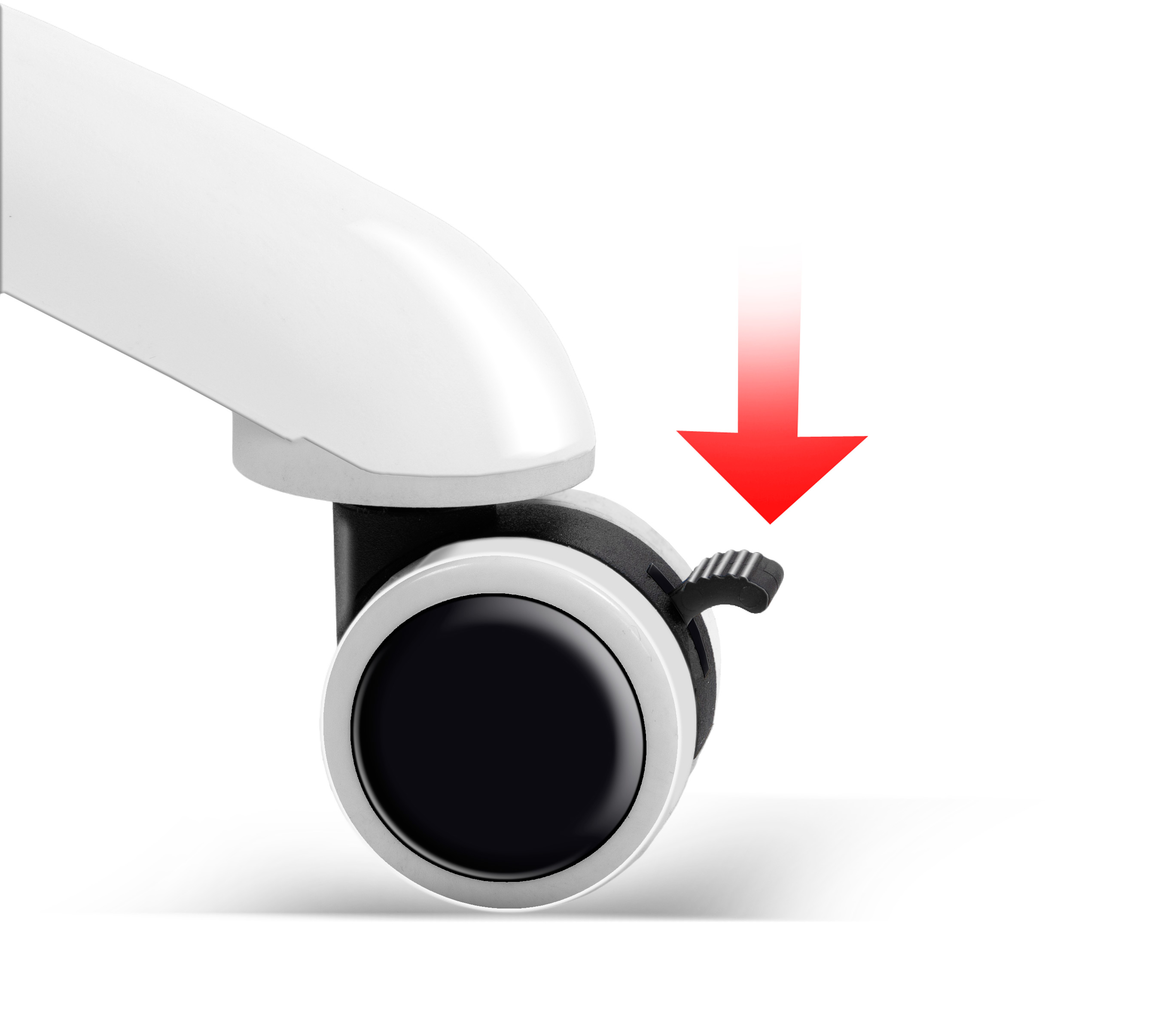 Czerwona strzałka wskazuje w dół na dźwignię czarnego kółka.