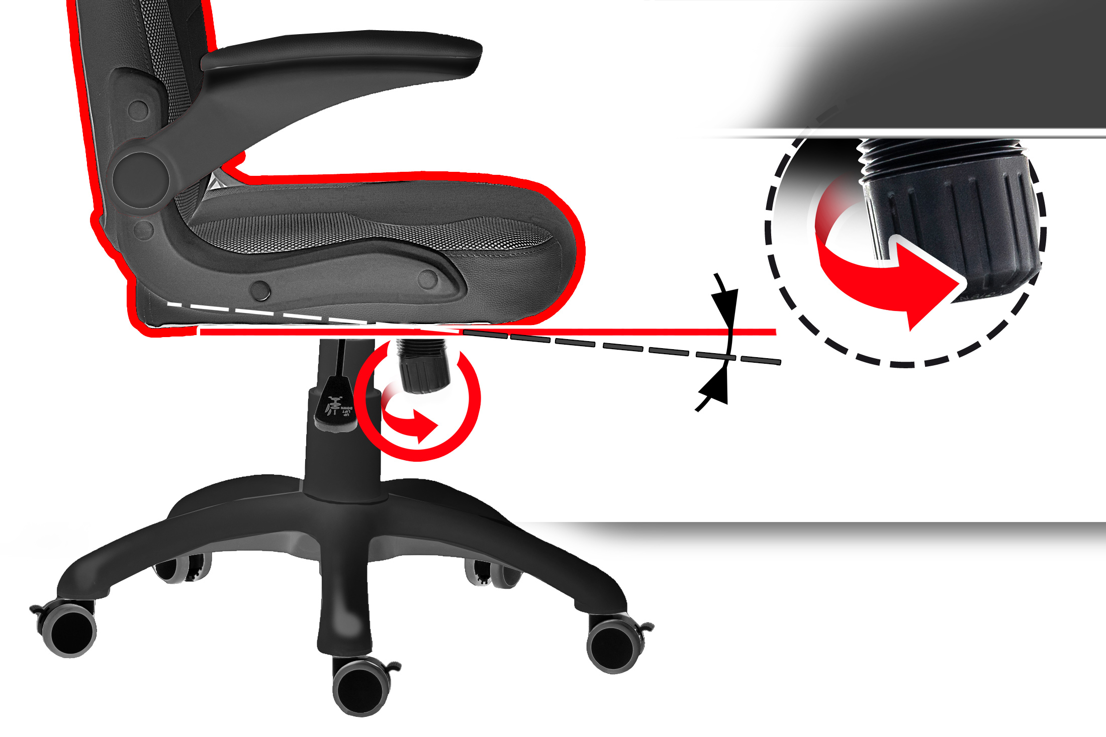 Czarny fotel biurowy ze wskaźnikiem nachylenia i instrukcją obrotu.