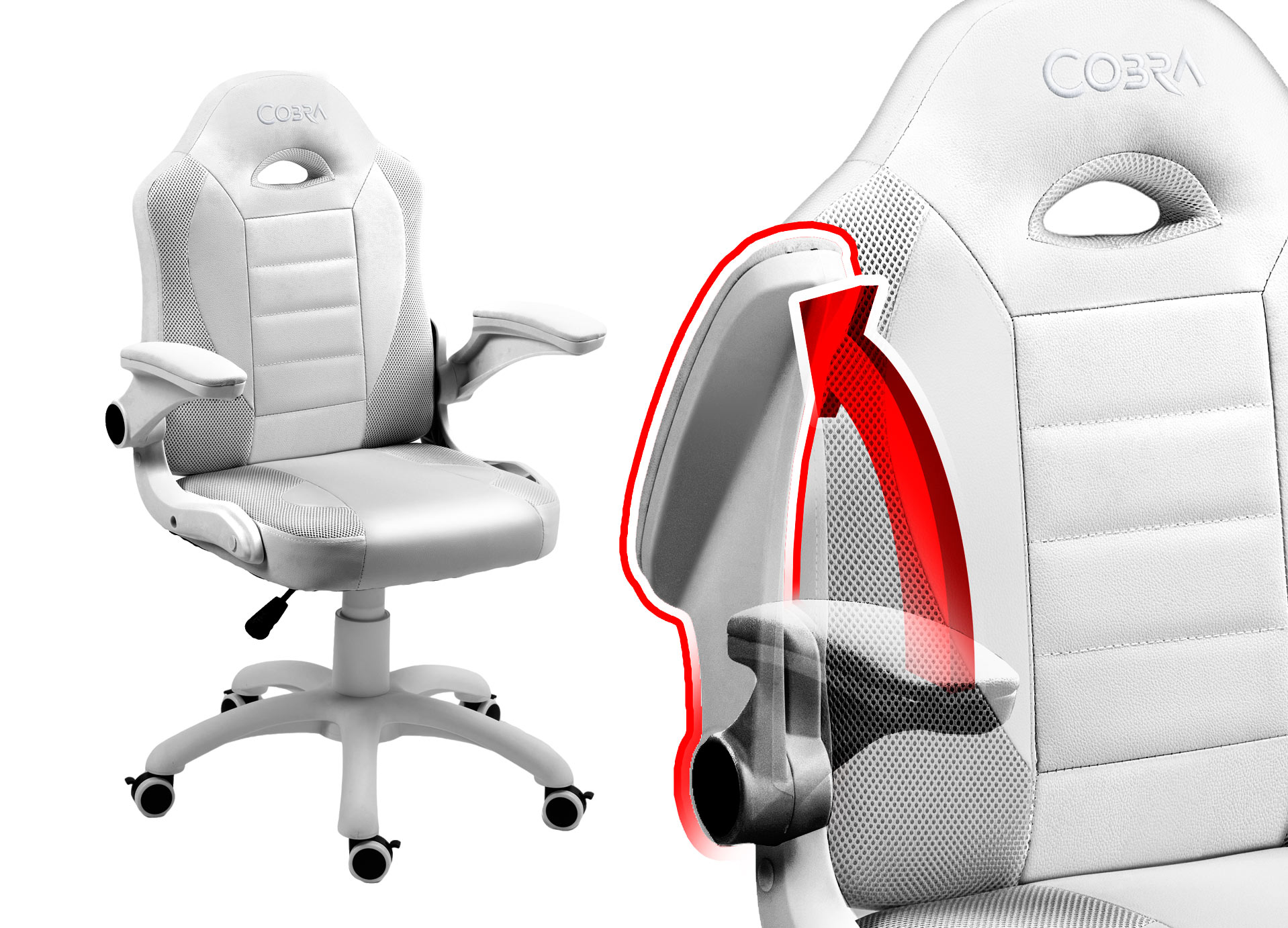 Białe krzesło gamingowe Cobra z regulowanymi podłokietnikami, czerwona strzałka.