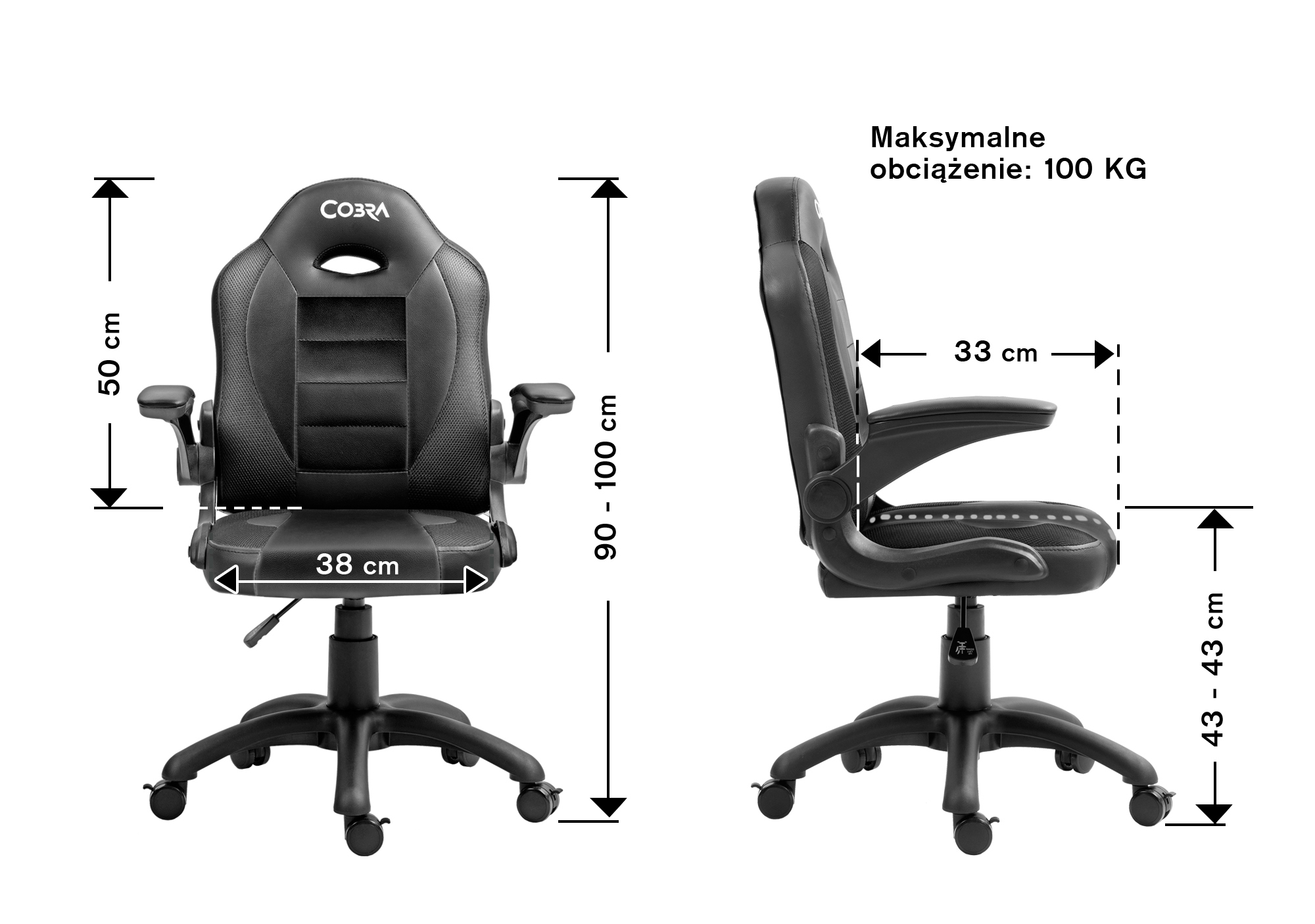 Czarny fotel biurowy z wymiarami i maksymalnym obciążeniem 100 kg.