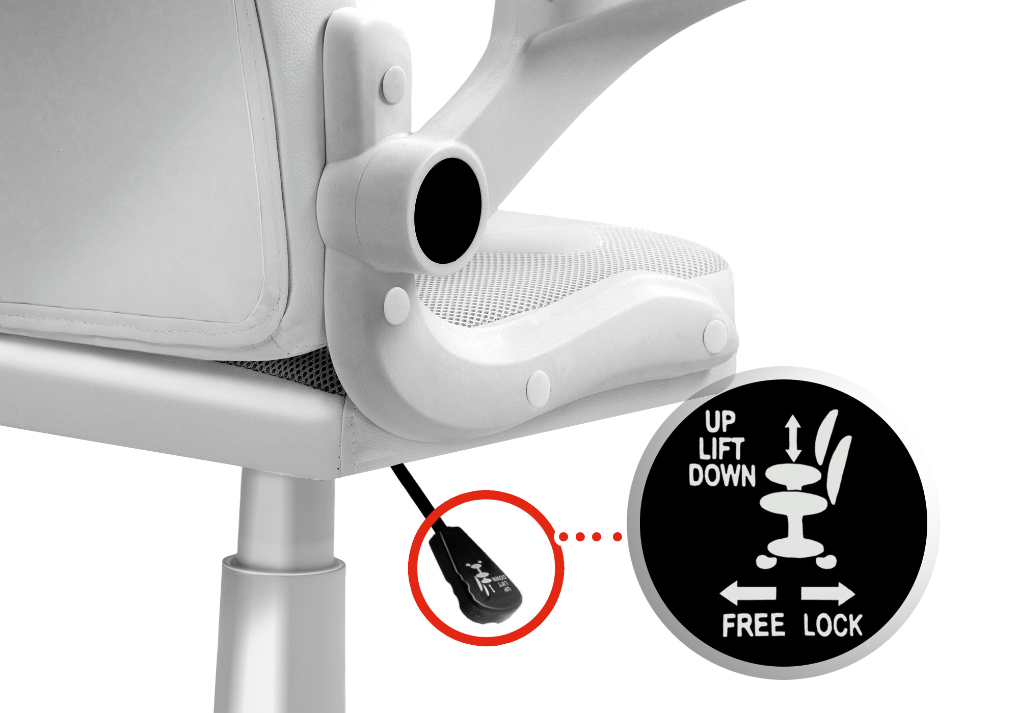 Białe krzesło biurowe z dźwignią i symbolami góra/dół oraz wolne/zablokowane.