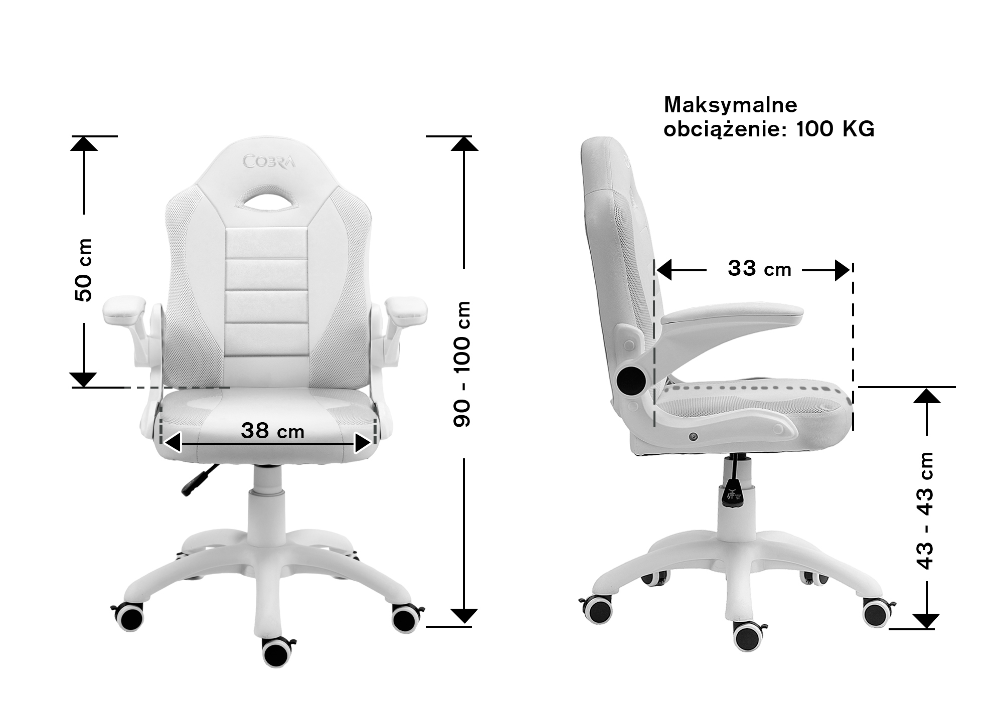 Białe krzesło gamingowe widok z przodu i z boku z wymiarami.