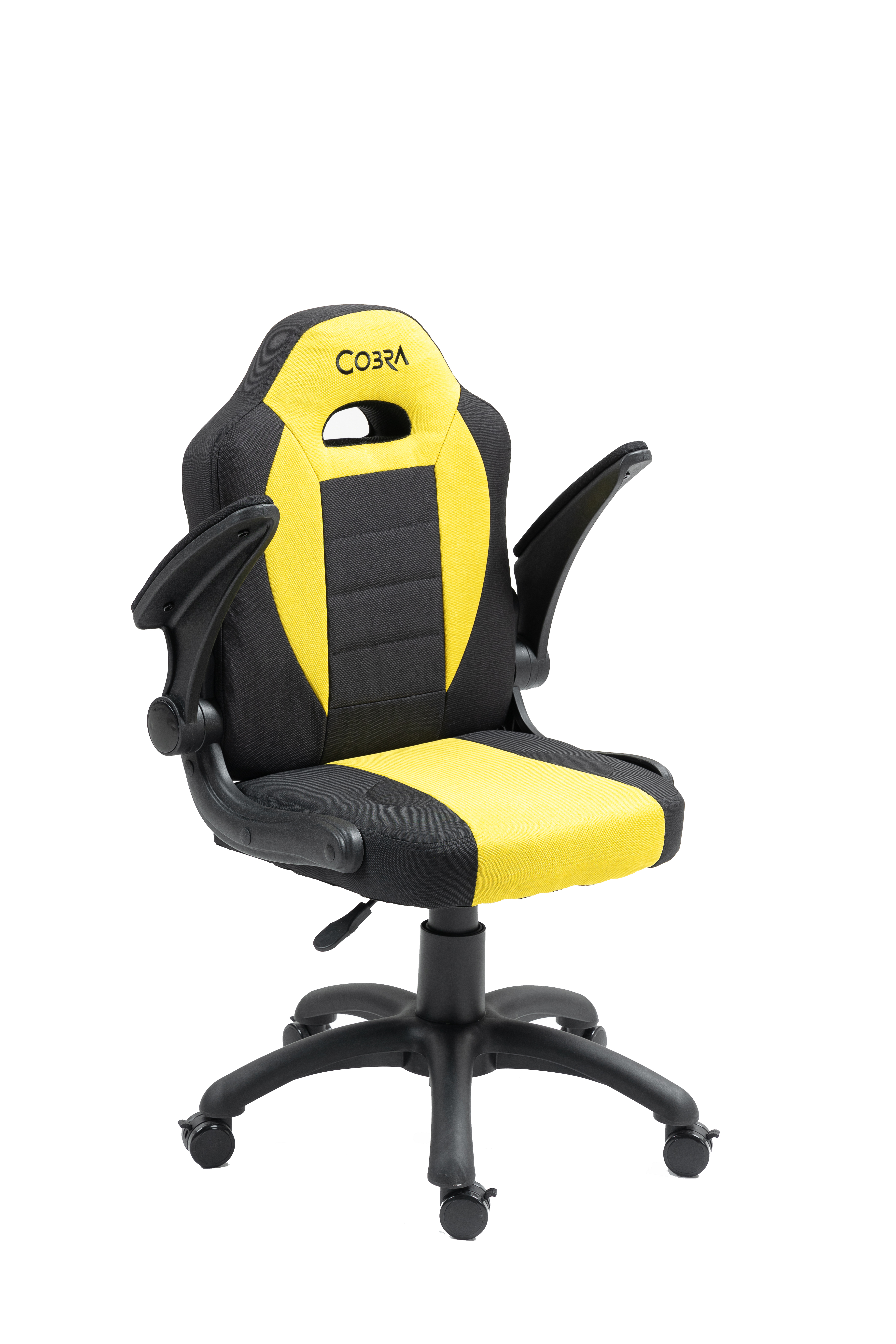 Czarny fotel biurowy z żółtymi akcentami i napisem "COBRA".
