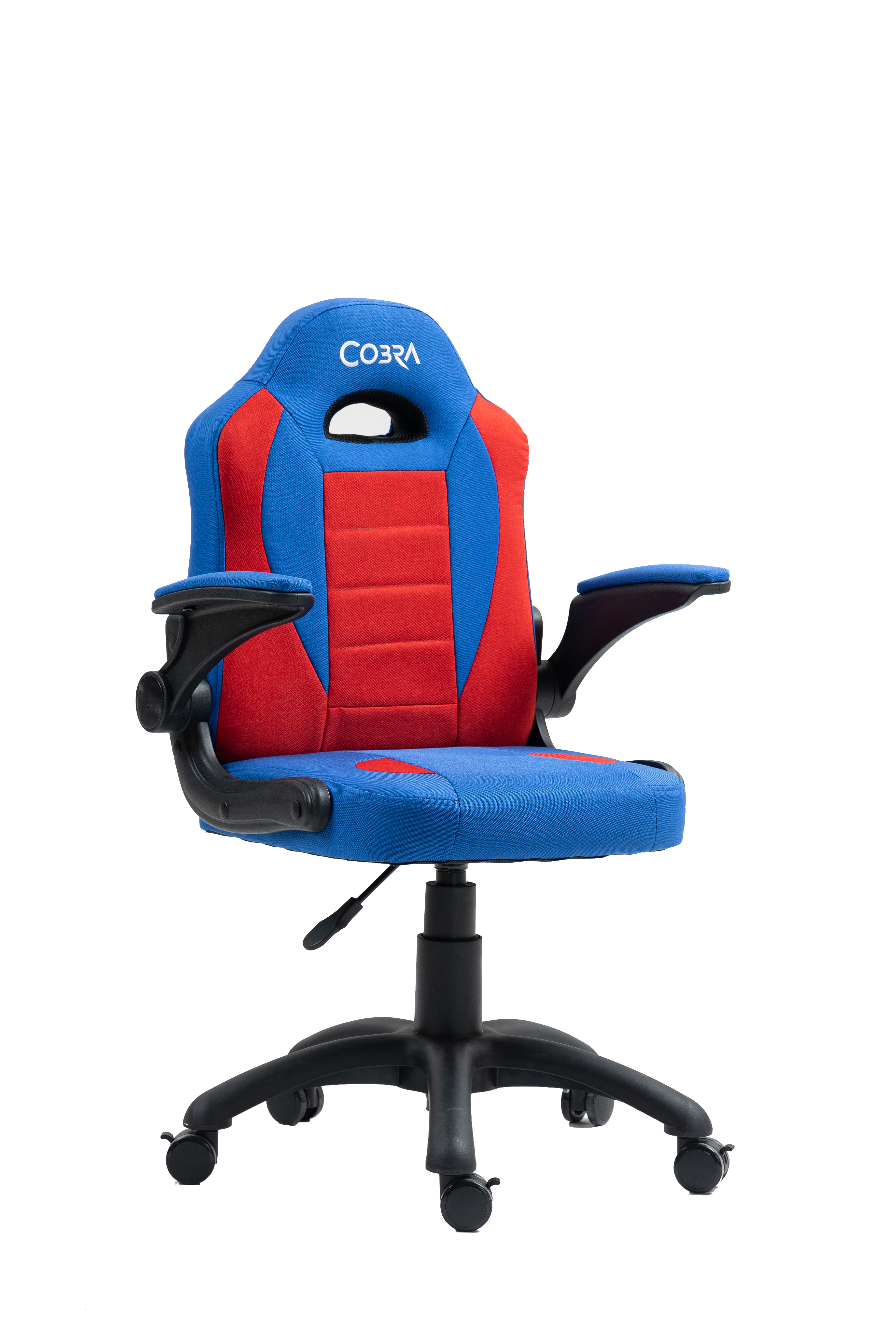 Niebiesko-czerwony fotel gamingowy z czarną podstawą i kółkami.