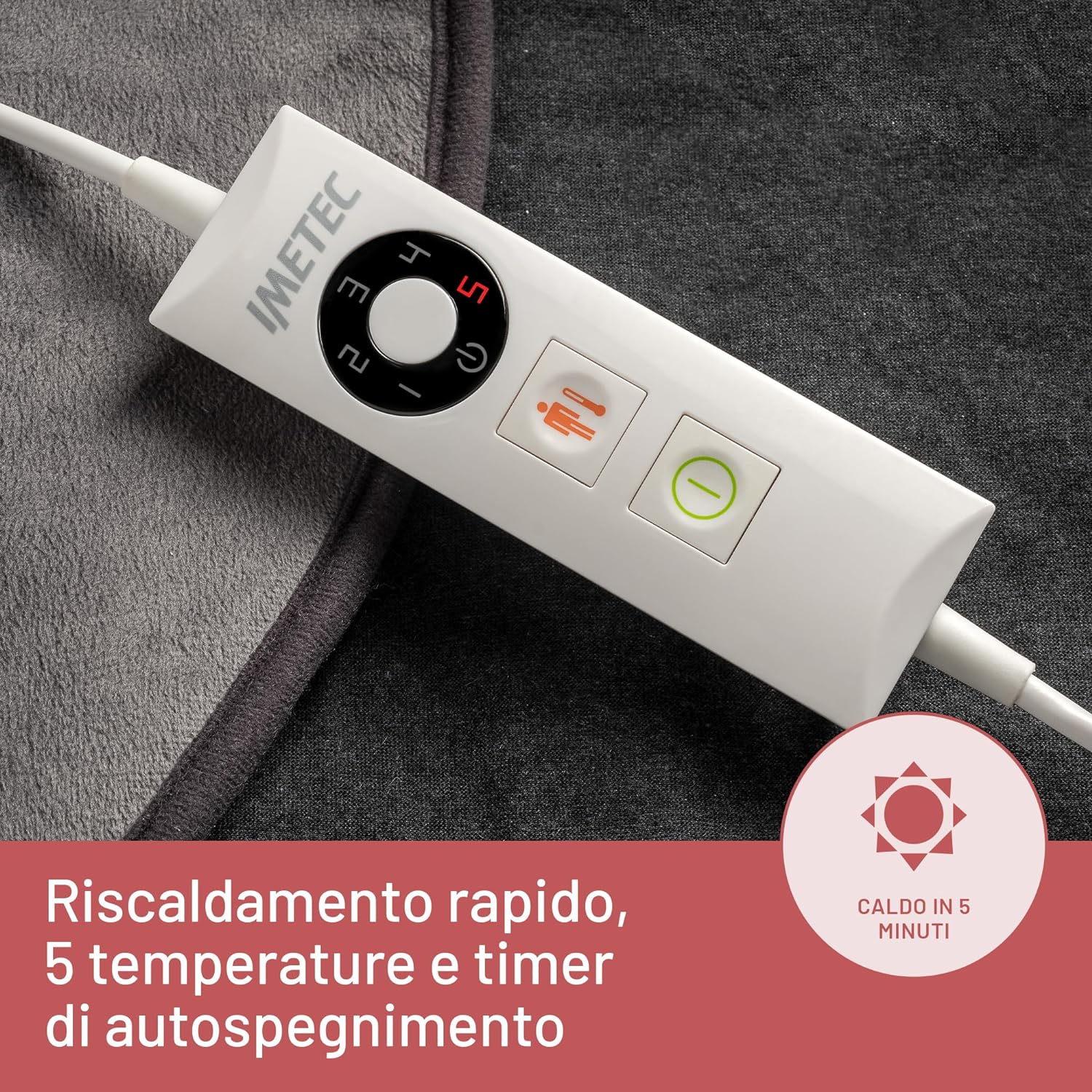 Mando a distancia blanco para manta con ajustes de temperatura y temporizador.