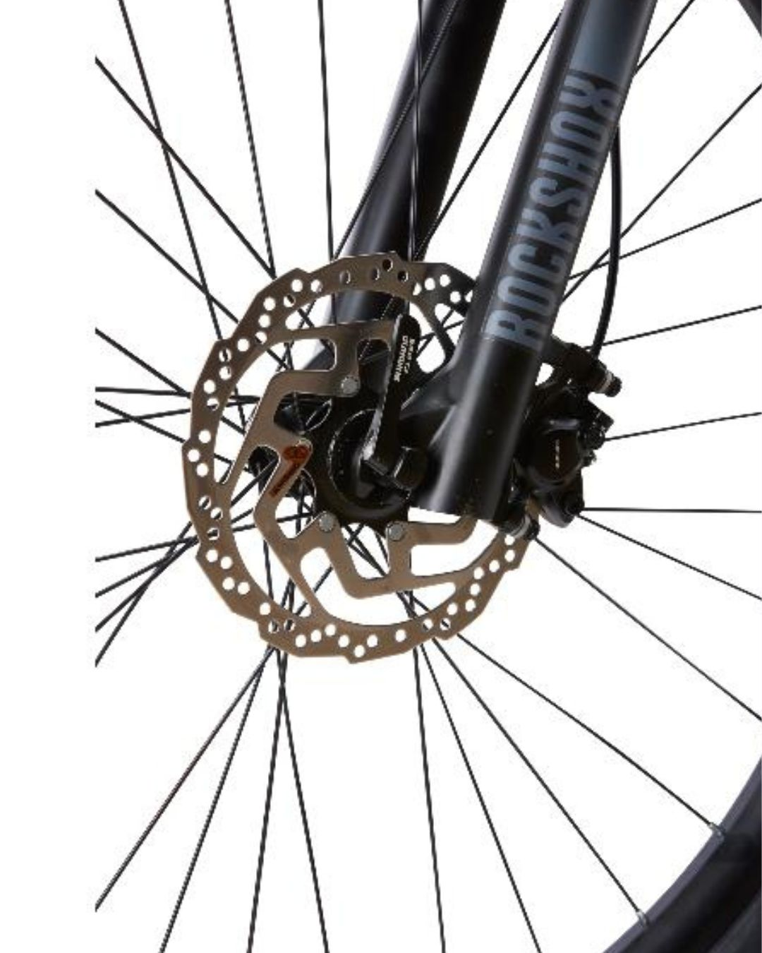 Freno a disco per bicicletta e forcella ammortizzata Rockshox con ruota a raggi.