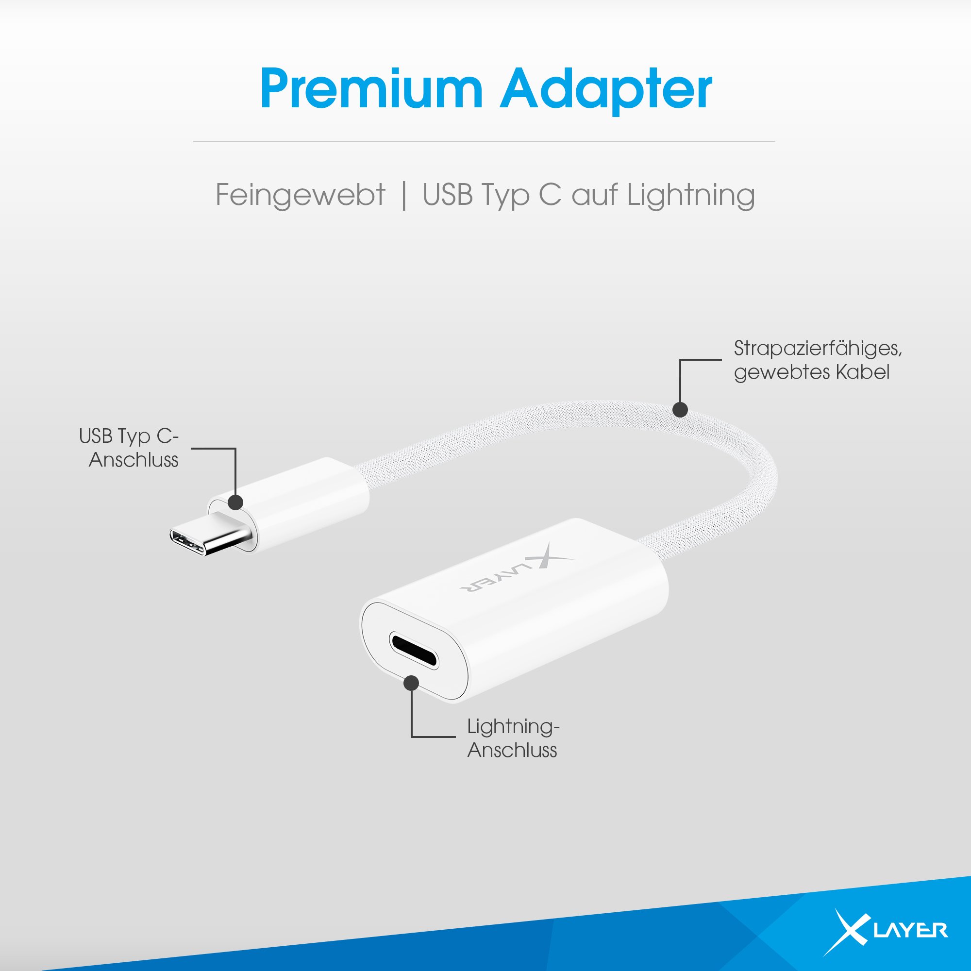 Ein weißer Adapter mit USB-C- und Lightning-Anschluss. Gewebtes Kabel.