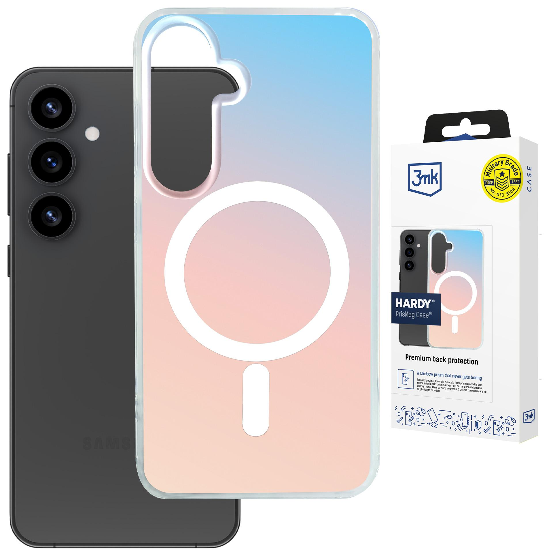 Smartfon z przezroczystym etui z gradientem i pierścieniem magnetycznym, obok opakowania.