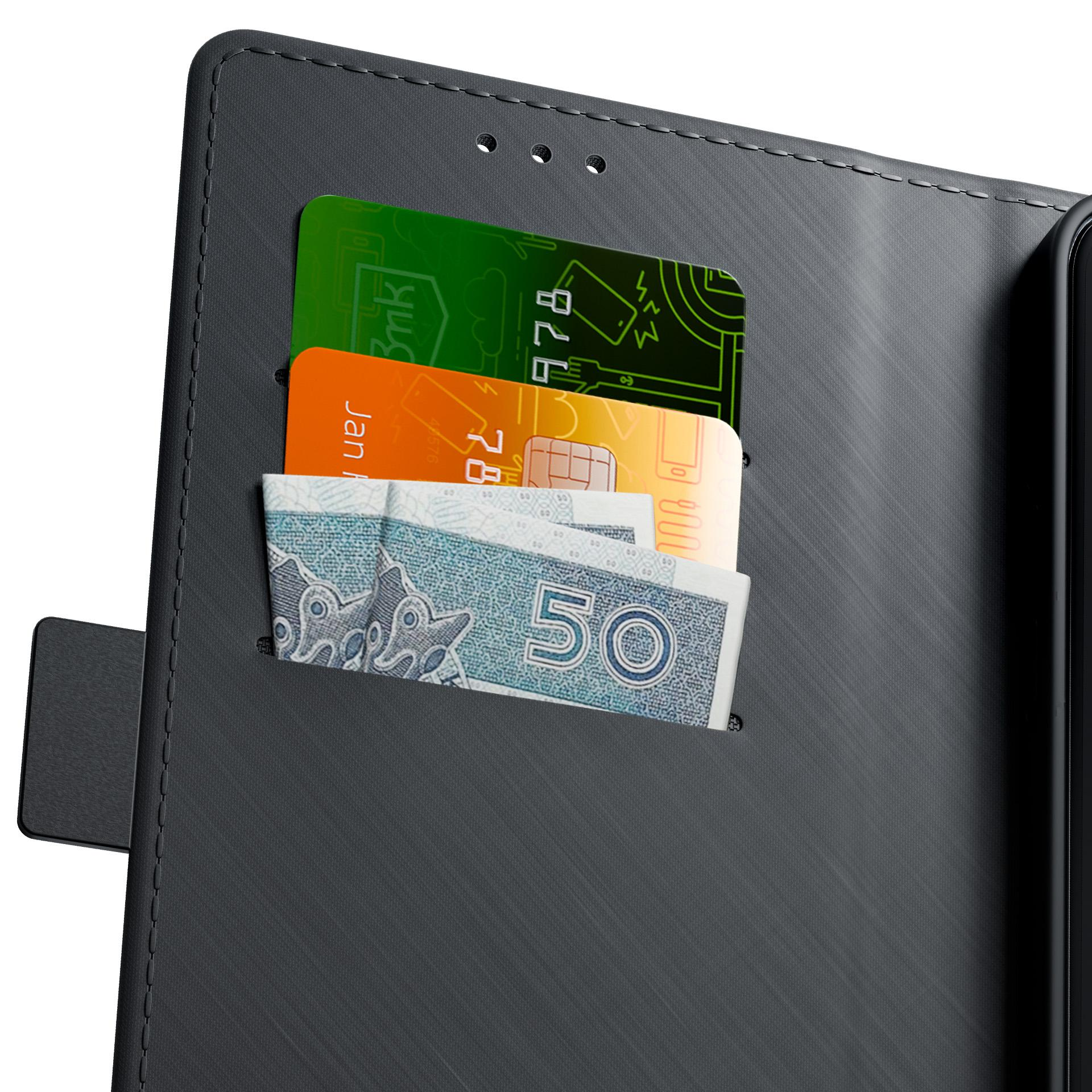 Ciemny portfel z widocznymi kartami i banknotami w przegródkach.