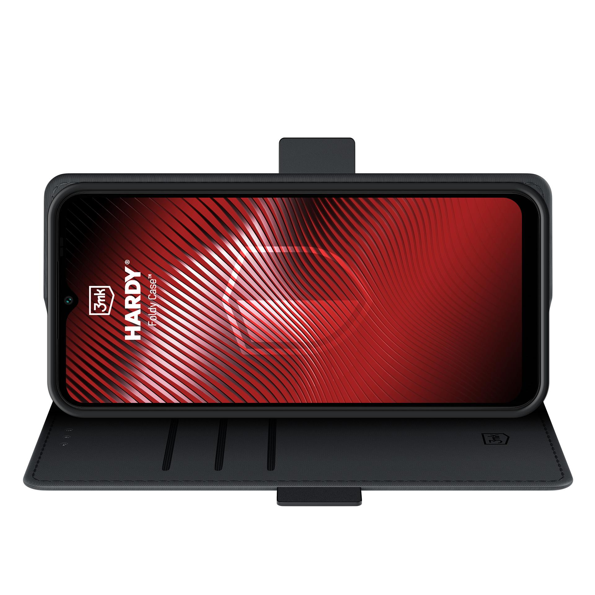 Czarny telefon z czerwonym tłem i logo