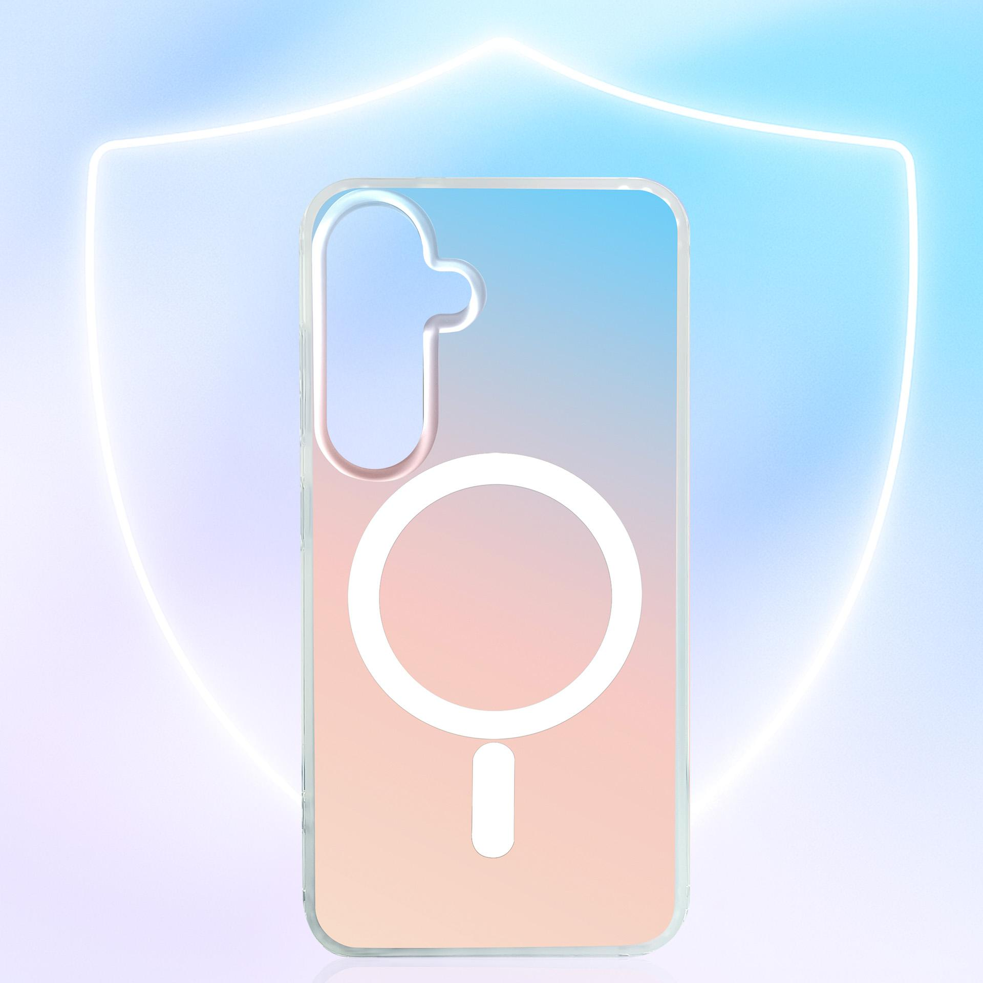 Przezroczyste etui na telefon z symbolem MagSafe przed neonową tarczą.