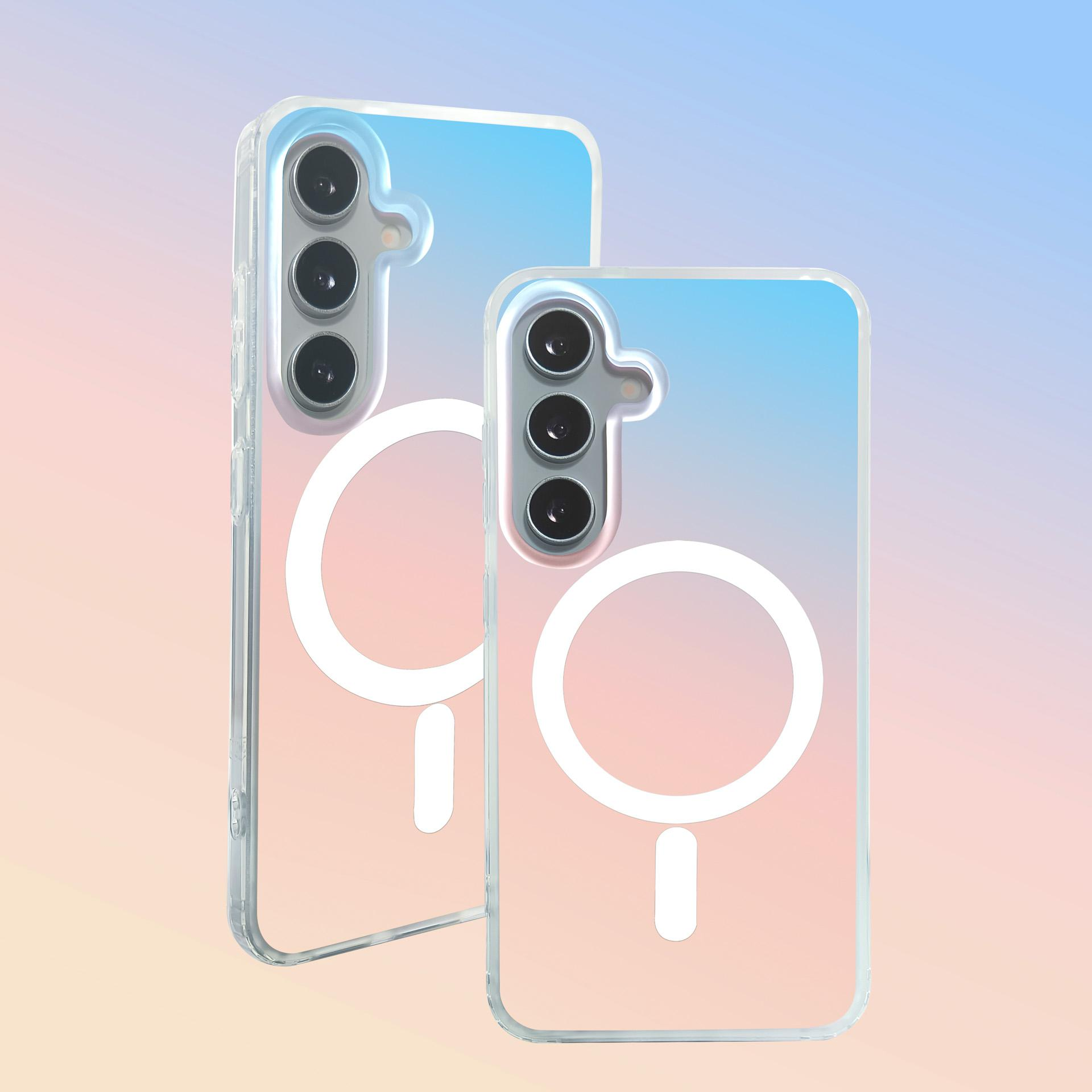 Dwa przezroczyste etui na telefon z kółkiem MagSafe na gradientowym tle.