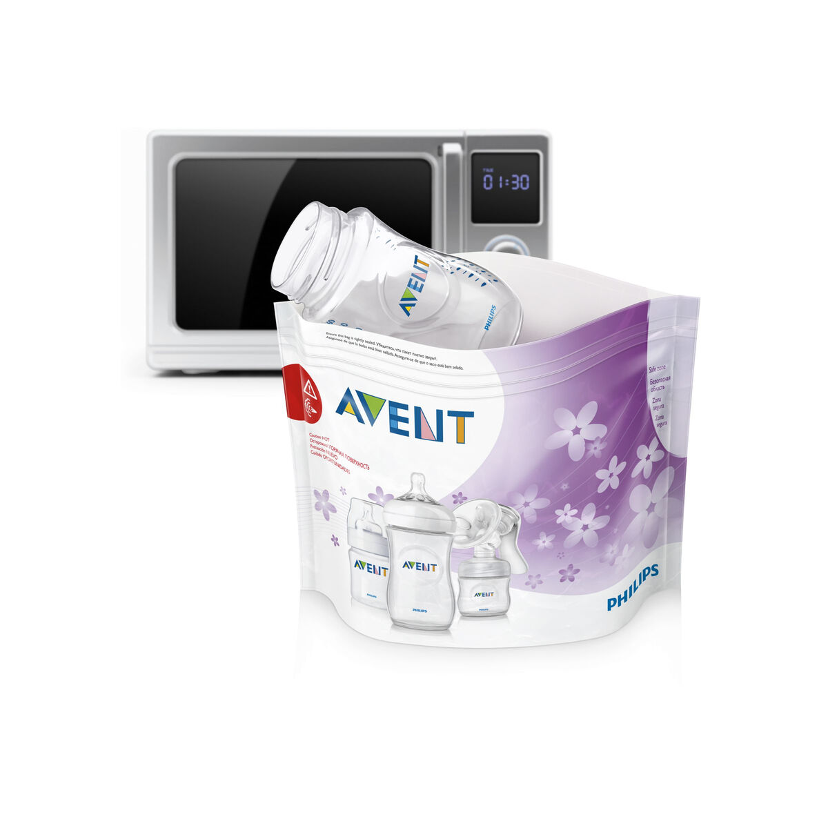 Ein Babyflaschen-Sterilisator-Set mit Mikrowelle im Hintergrund.