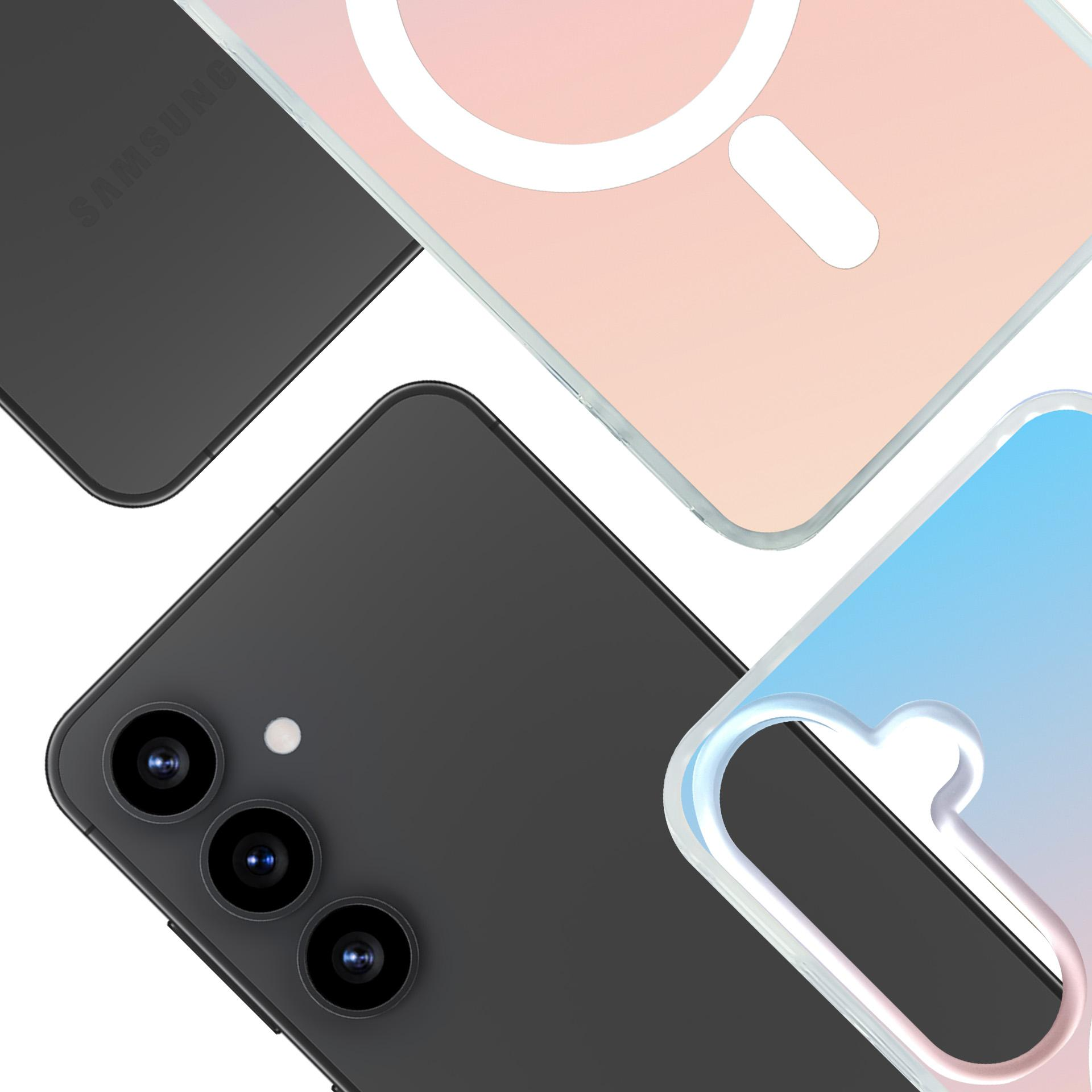 Trzy smartfony z aparatami i kolorowymi etui leżą na białym tle.