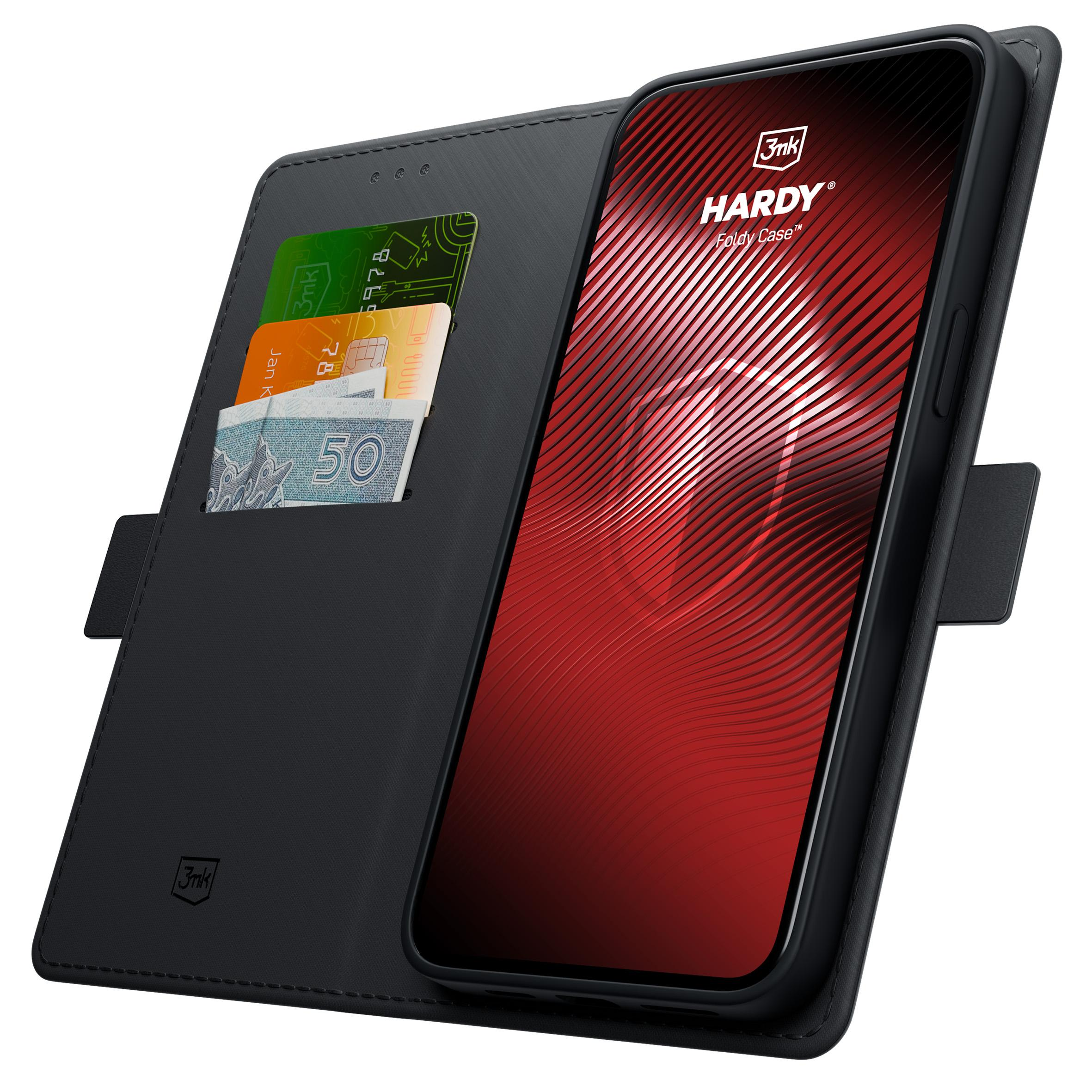 Czarne etui na telefon z miejscem na karty, zawierające karty i banknoty.