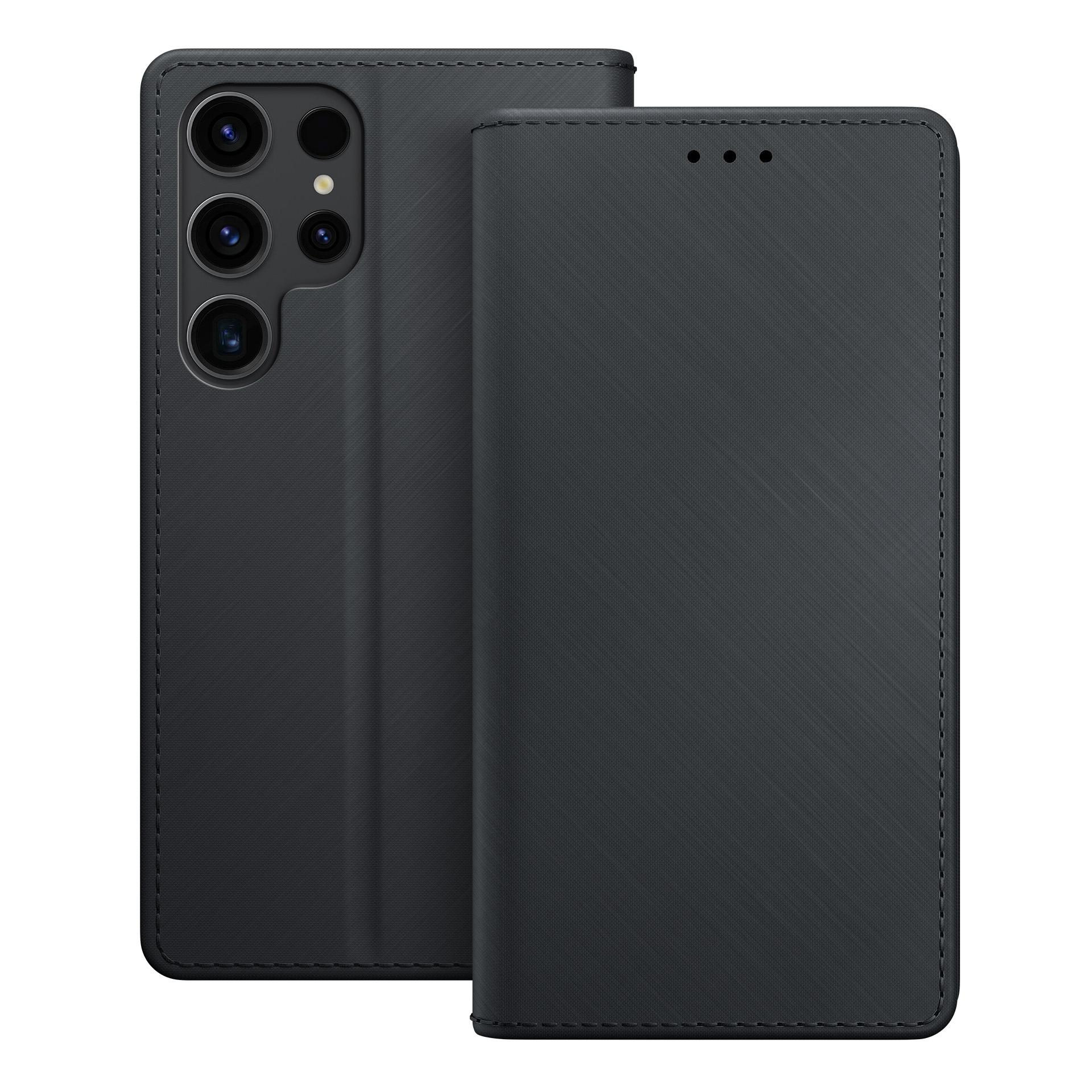 Czarne etui na telefon z wycięciem na aparat i trzema przednimi kropkami.