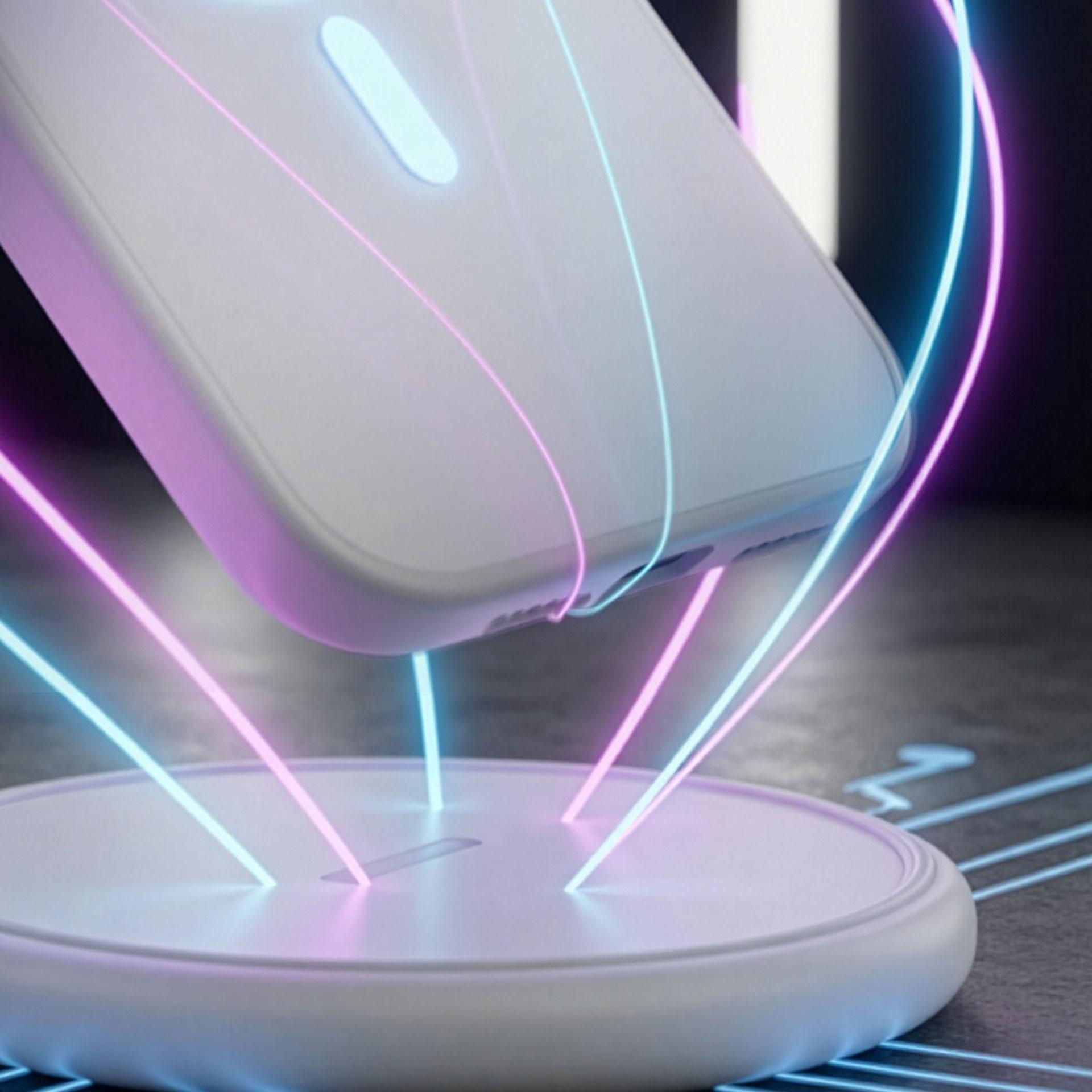 Biały smartfon ładuje się bezprzewodowo, otoczony niebieskimi i różowymi neonami.