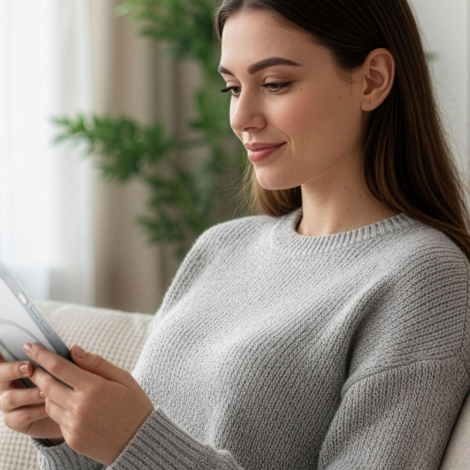 Kobieta w szarym swetrze trzyma tablet i uśmiecha się.