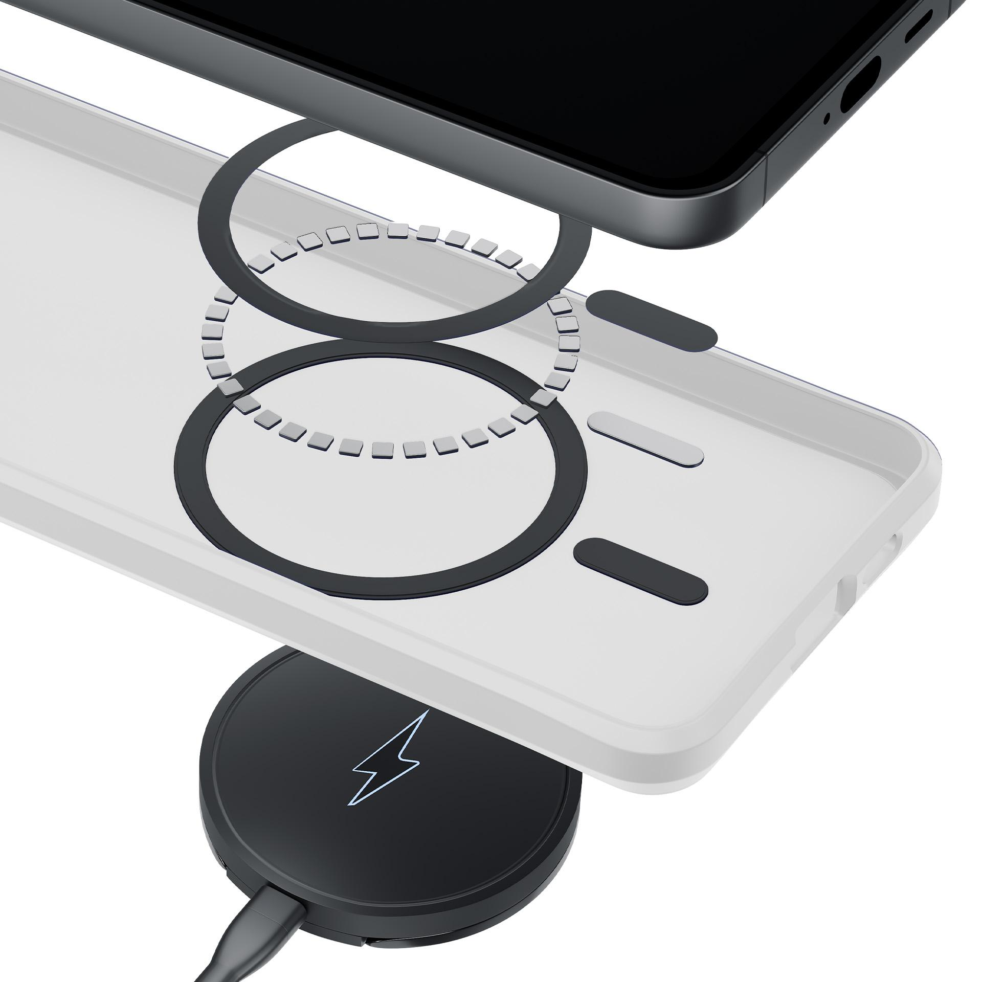 Smartfon leży na przezroczystym etui z pierścieniem magnetycznym.