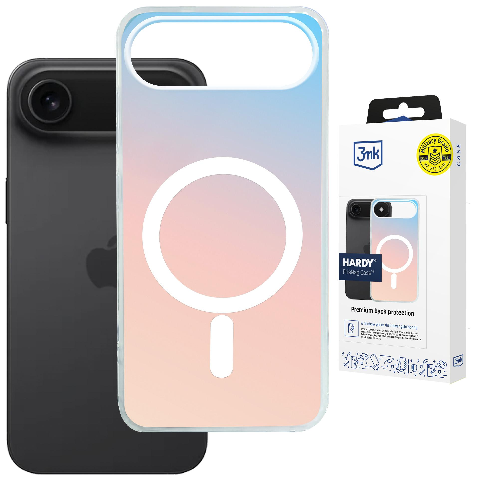 Czarny iPhone obok etui z gradientem i pierścieniem MagSafe.