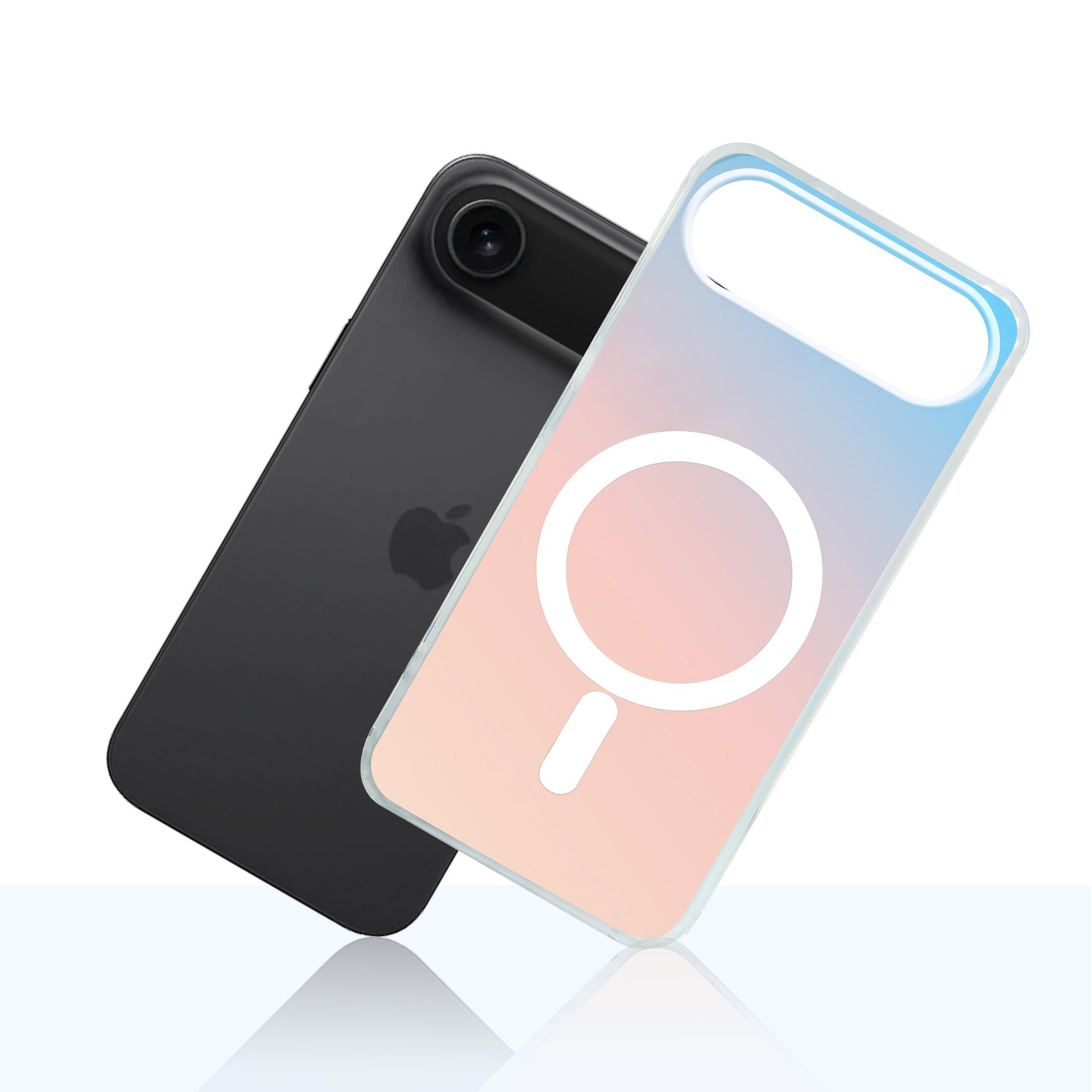 Czarny iPhone obok etui z okręgiem MagSafe i gradientem kolorów.