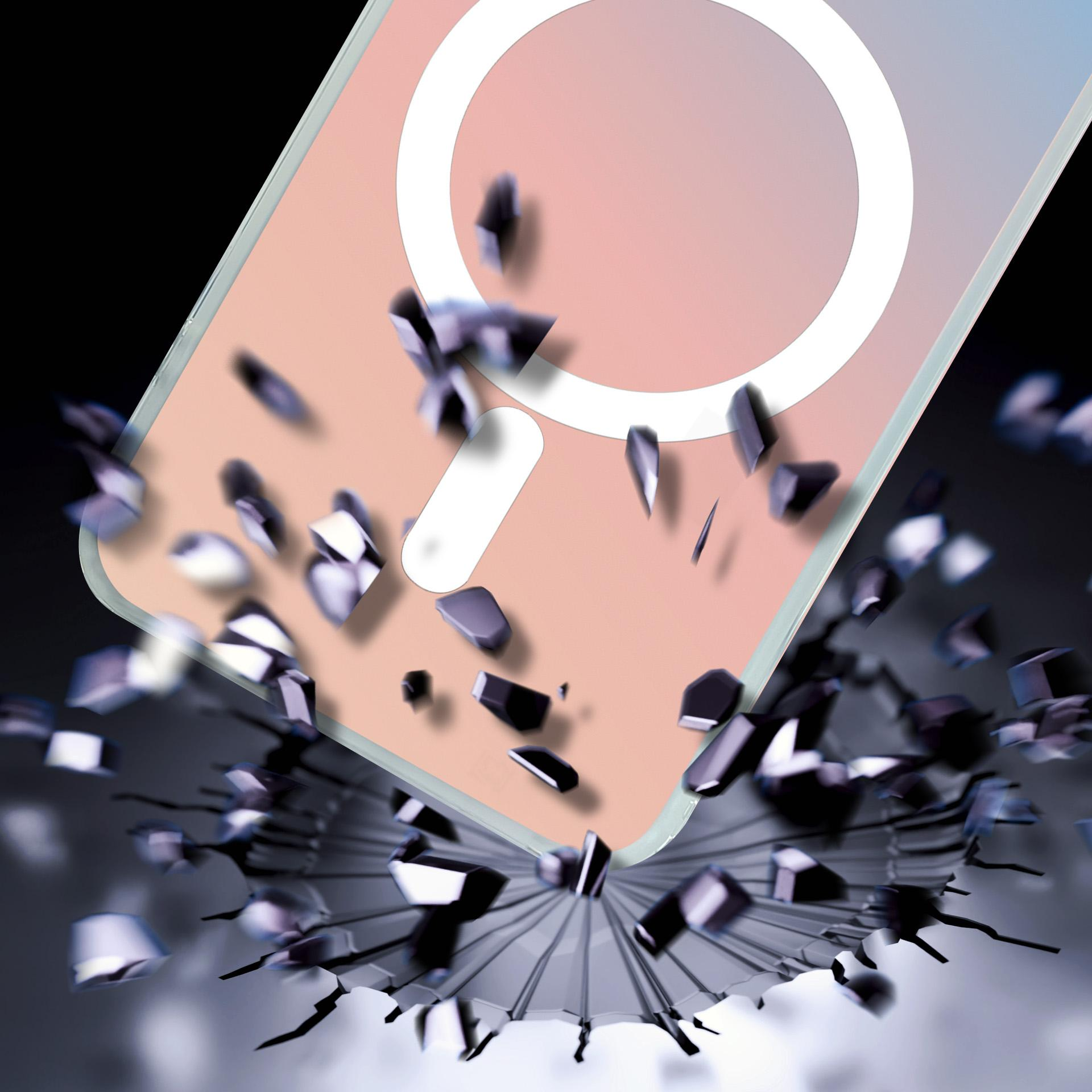 Jasnoróżowa obudowa rozpada się na ciemne odłamki na metalowej siatce.