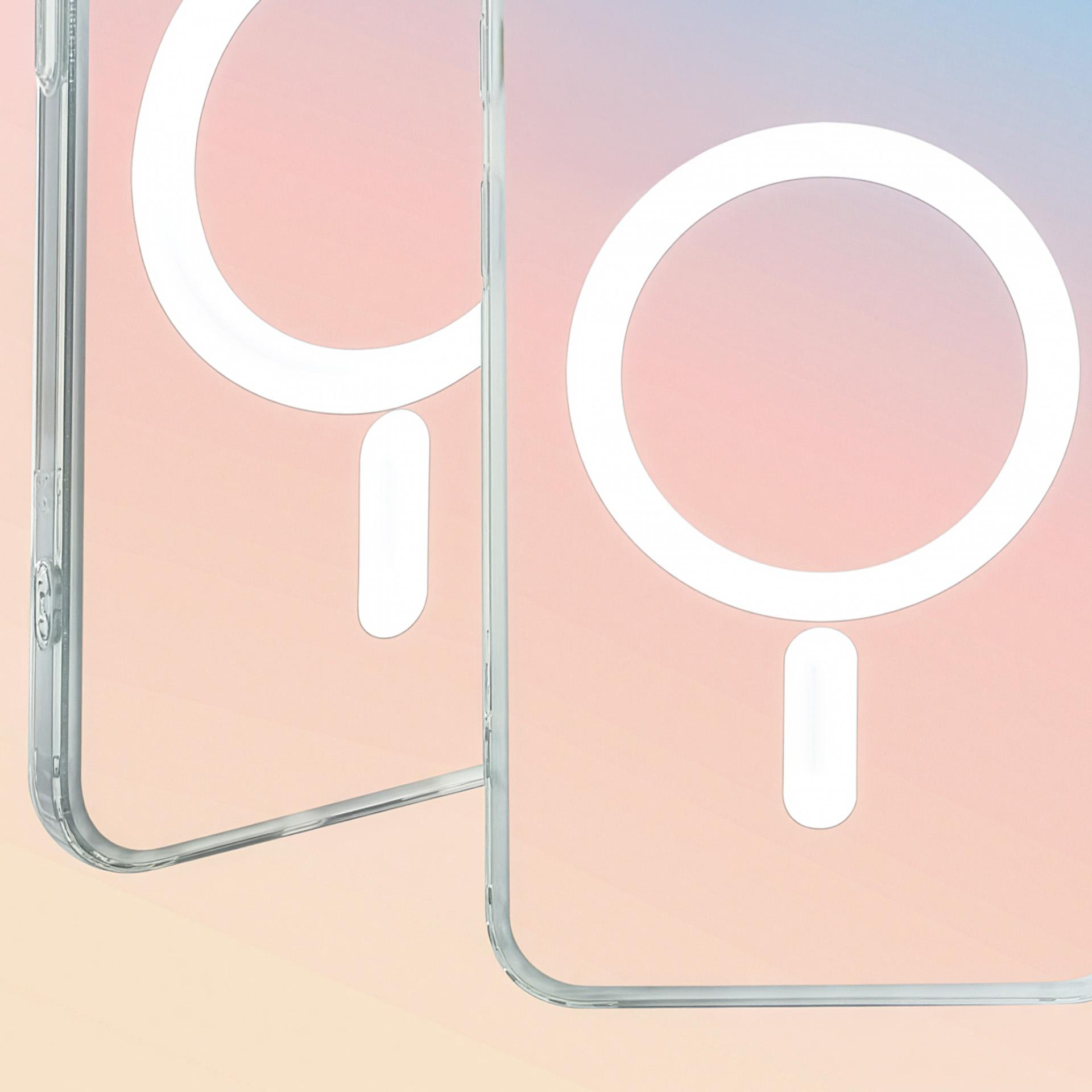 Dwa przezroczyste etui na telefon z białym wzorem koła i linii.