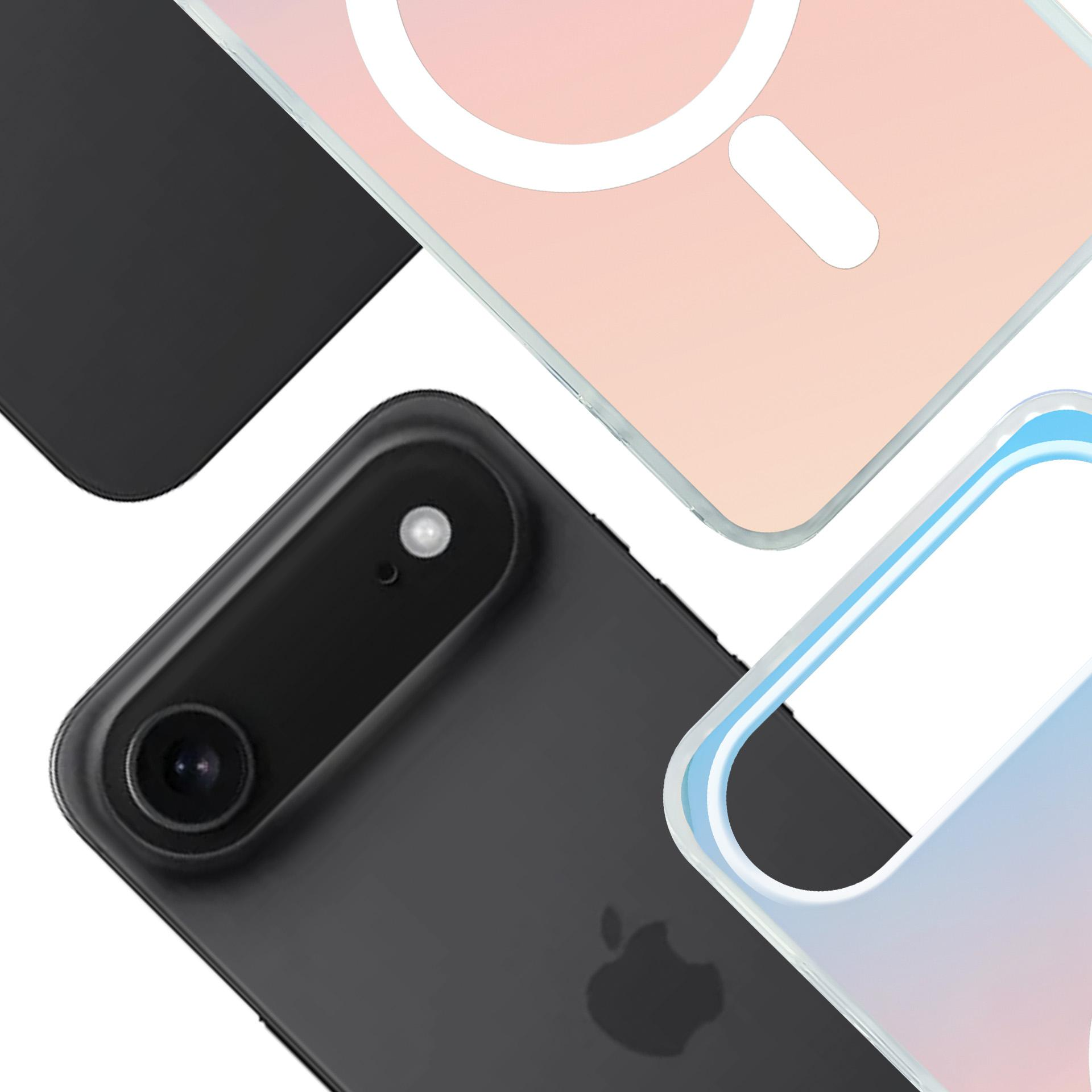 Trzy tyły smartfonów: jeden czarny z aparatem, jeden brzoskwiniowy z białym kołem.