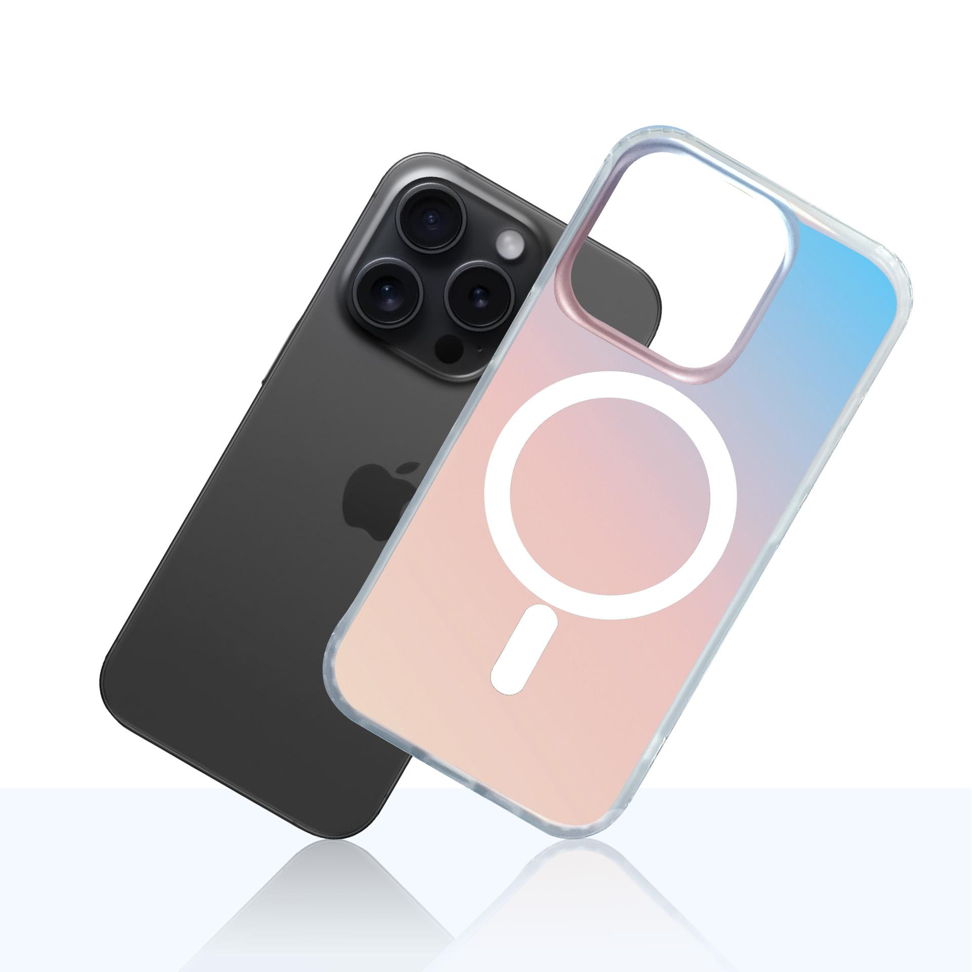 Czarny iPhone obok przezroczystego etui z różowym gradientem.