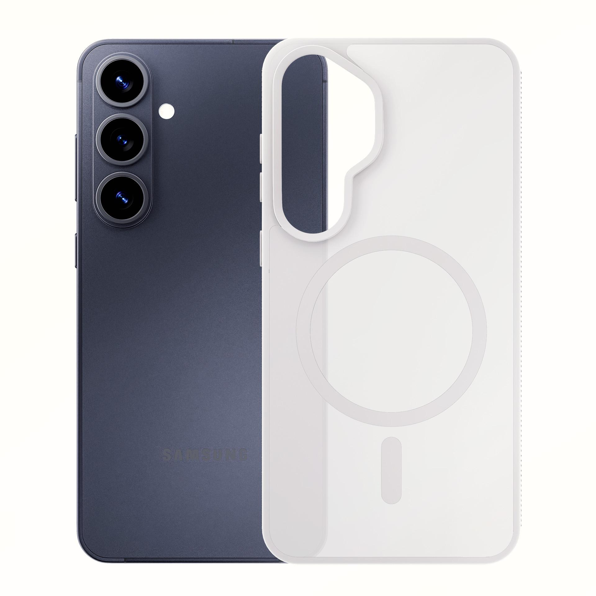 Ciemnoniebieski smartfon z trzema obiektywami i białym etui.