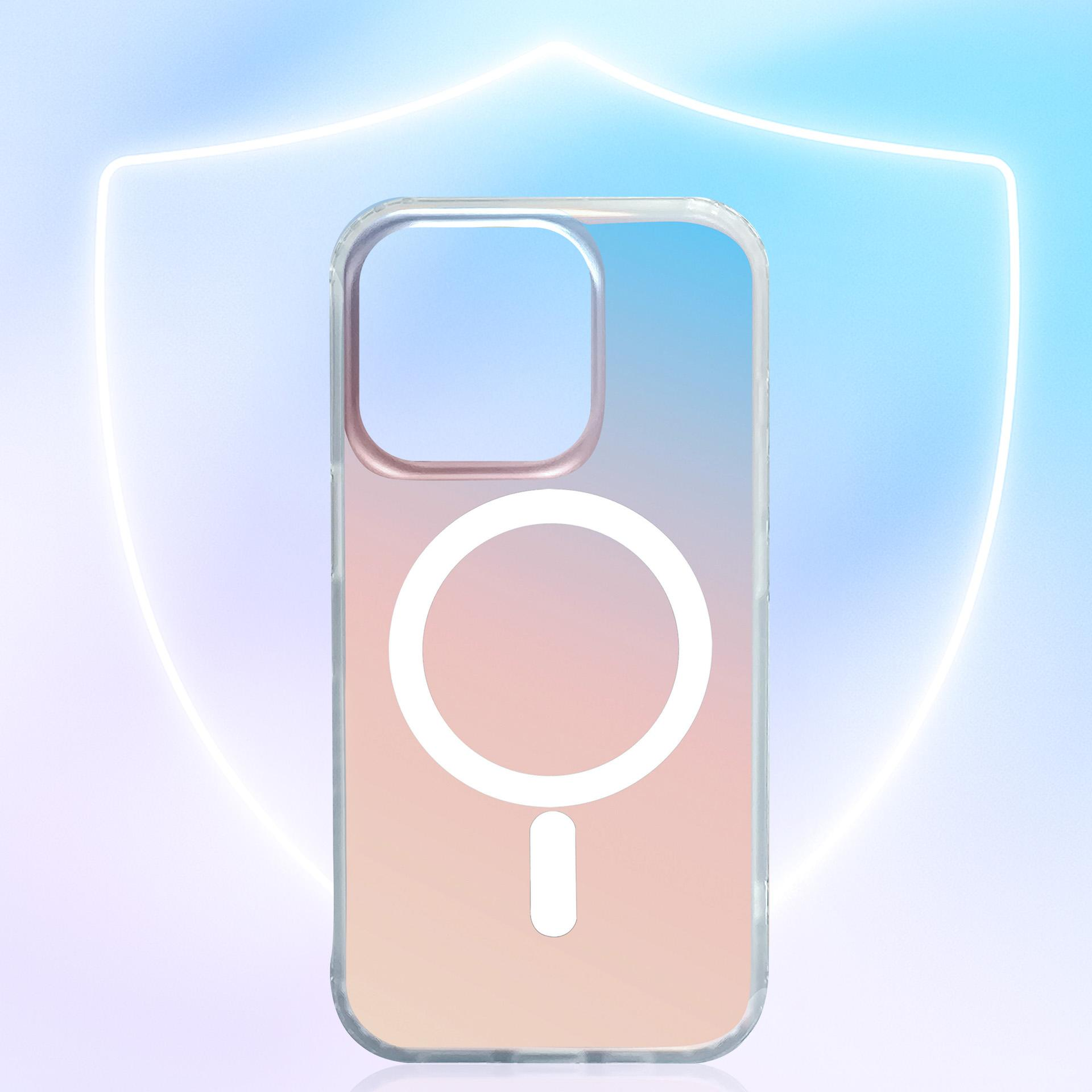 Przezroczyste etui na telefon z okręgiem MagSafe na tle gradientowej tarczy.