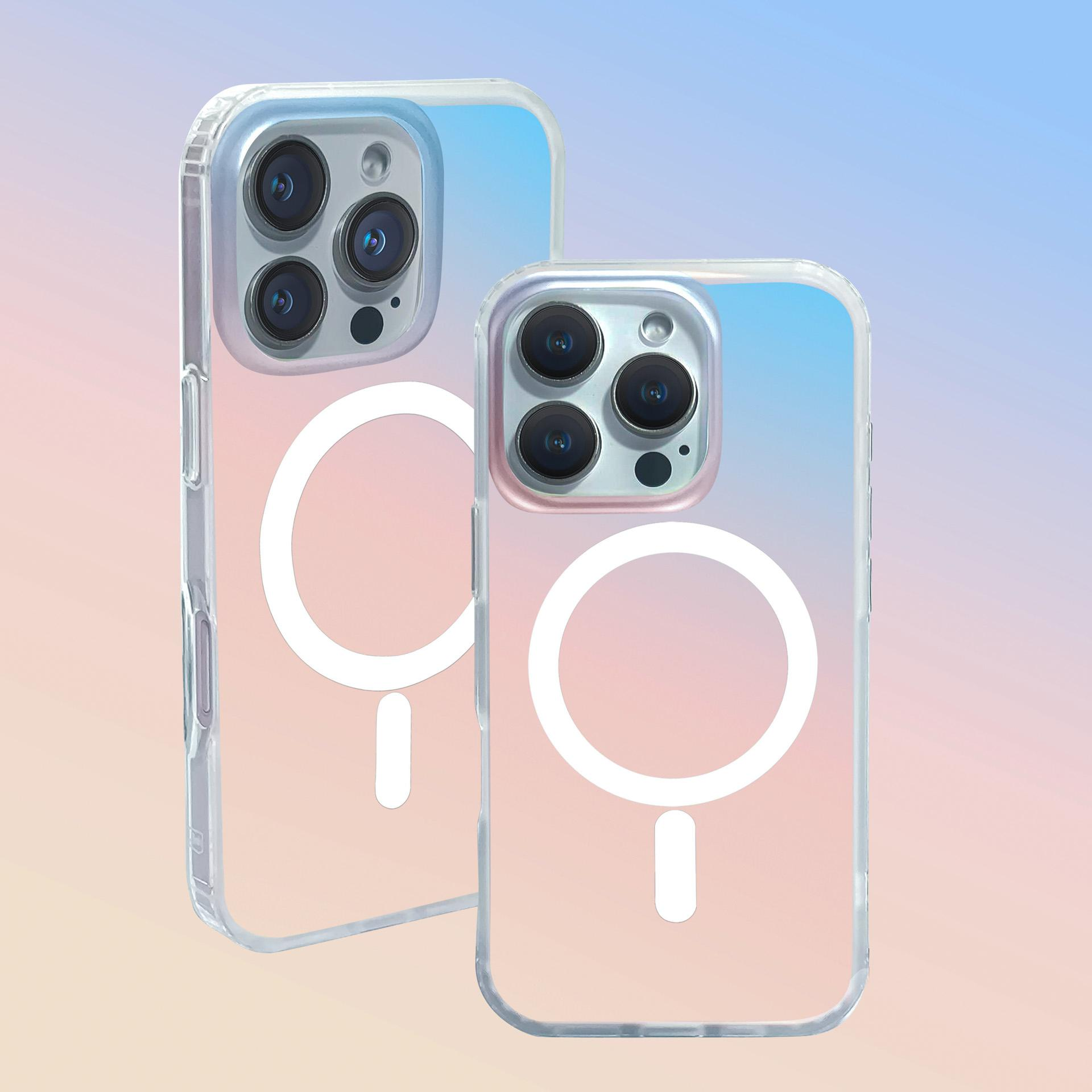 Dwa przezroczyste etui na telefon z aparatami i logo MagSafe na tle gradientu.