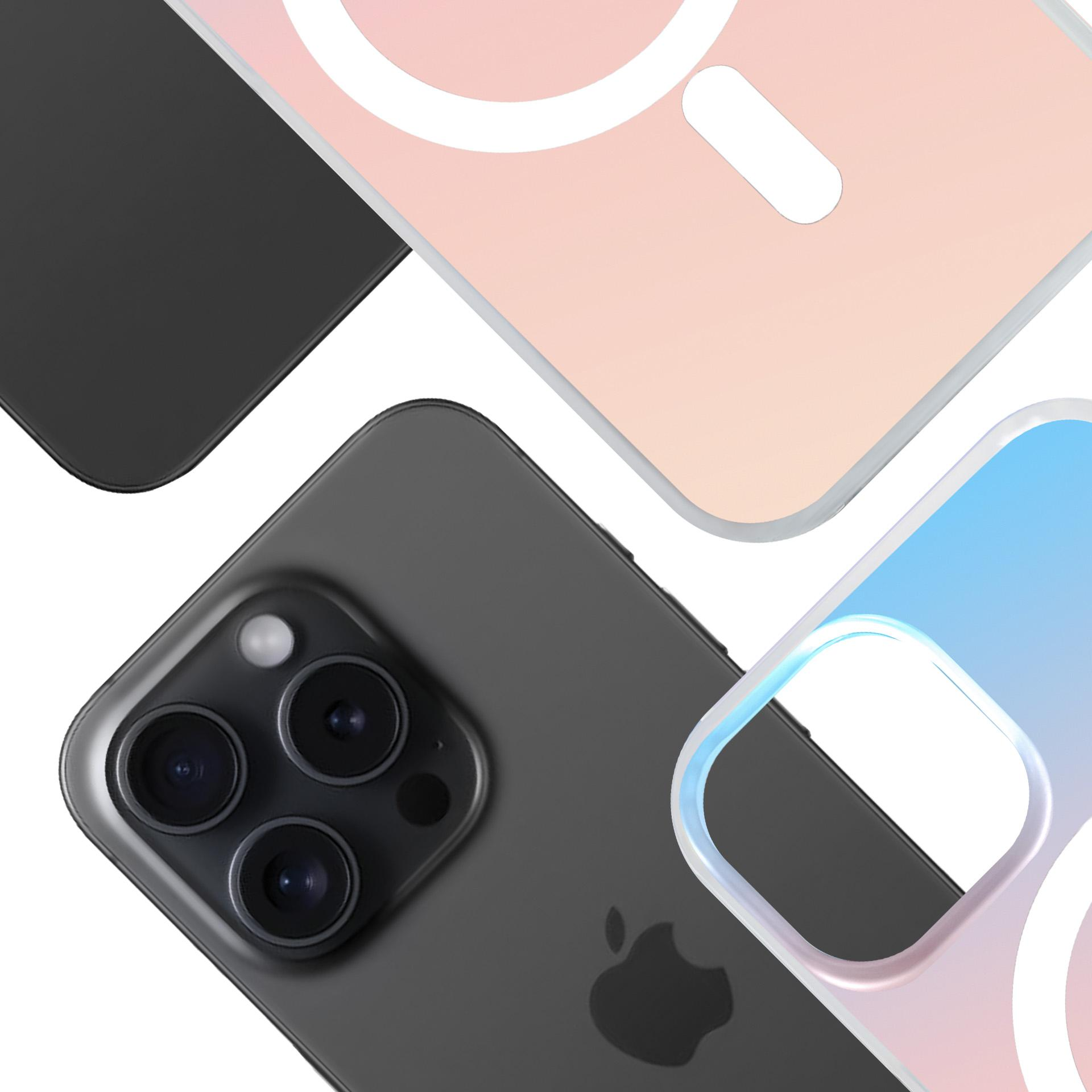 Trzy etui na iPhone w kolorach różowym, niebieskim i czarnym z logo Apple.