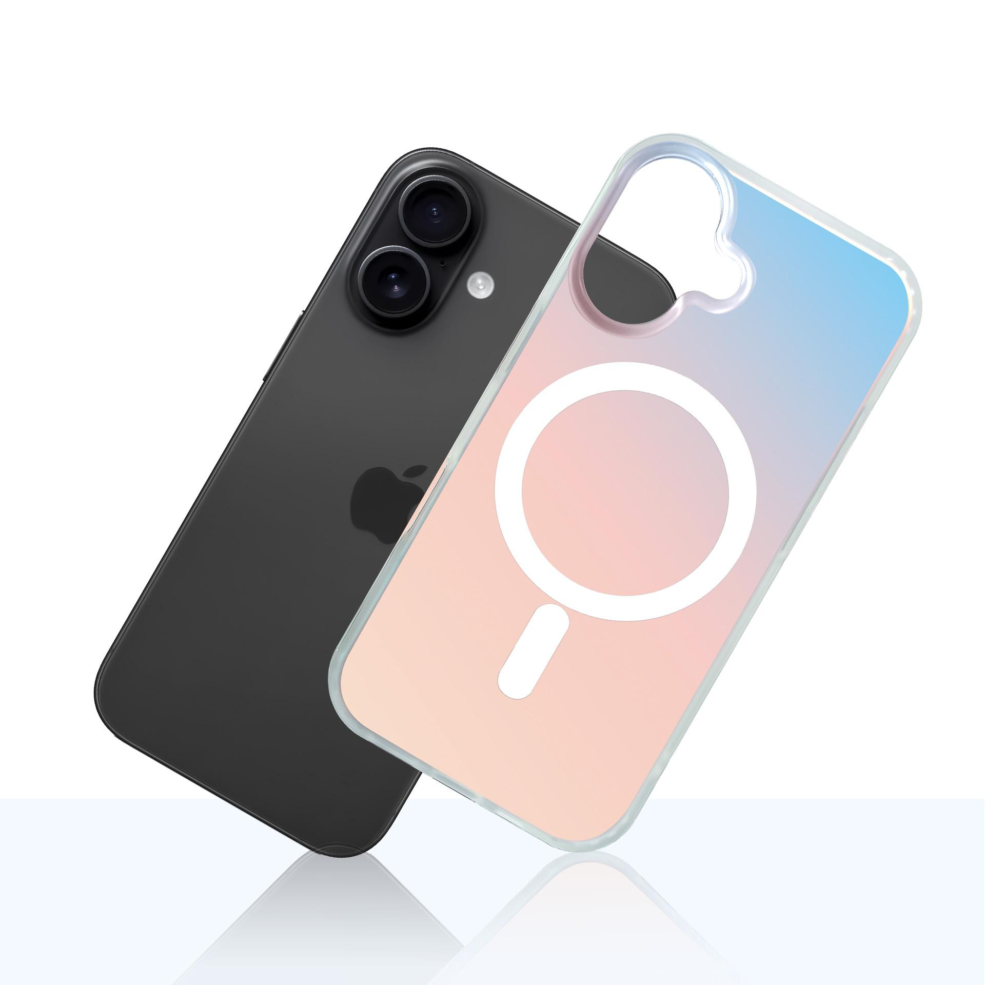 Un iPhone negro yace junto a una funda transparente degradada.