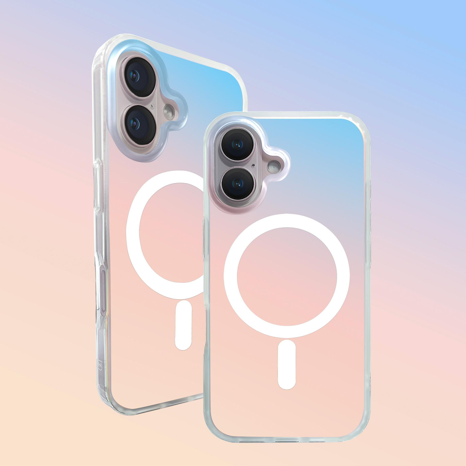 Dos fundas de teléfono transparentes con anillo MagSafe sobre fondo degradado.