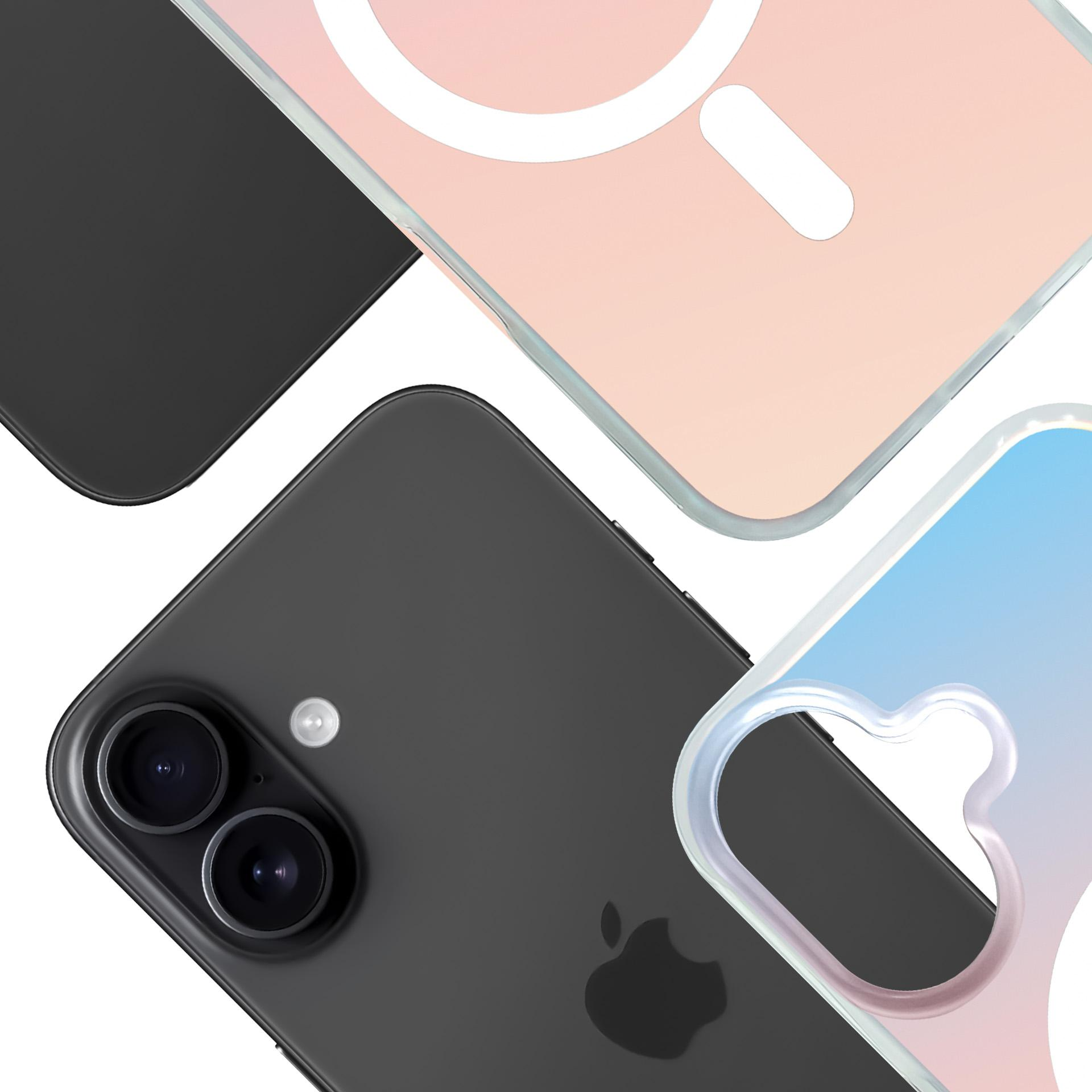 Tres fundas de teléfono rosas, azules y negras sobre un teléfono negro.