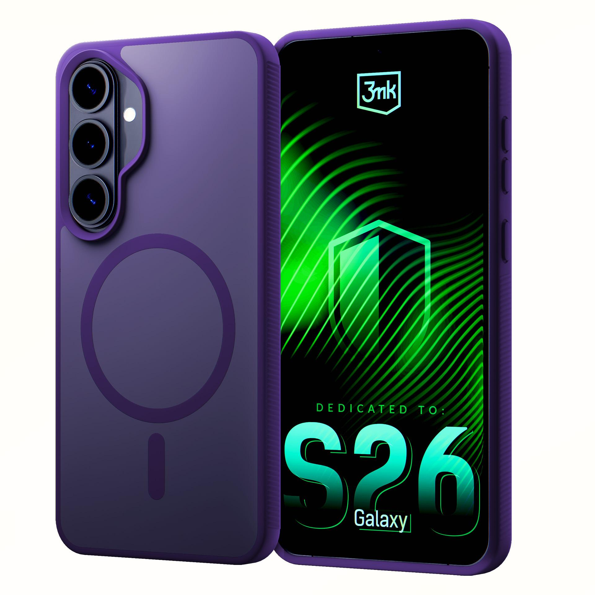 Fioletowe etui na telefon obok smartfona z zieloną grafiką i napisem 