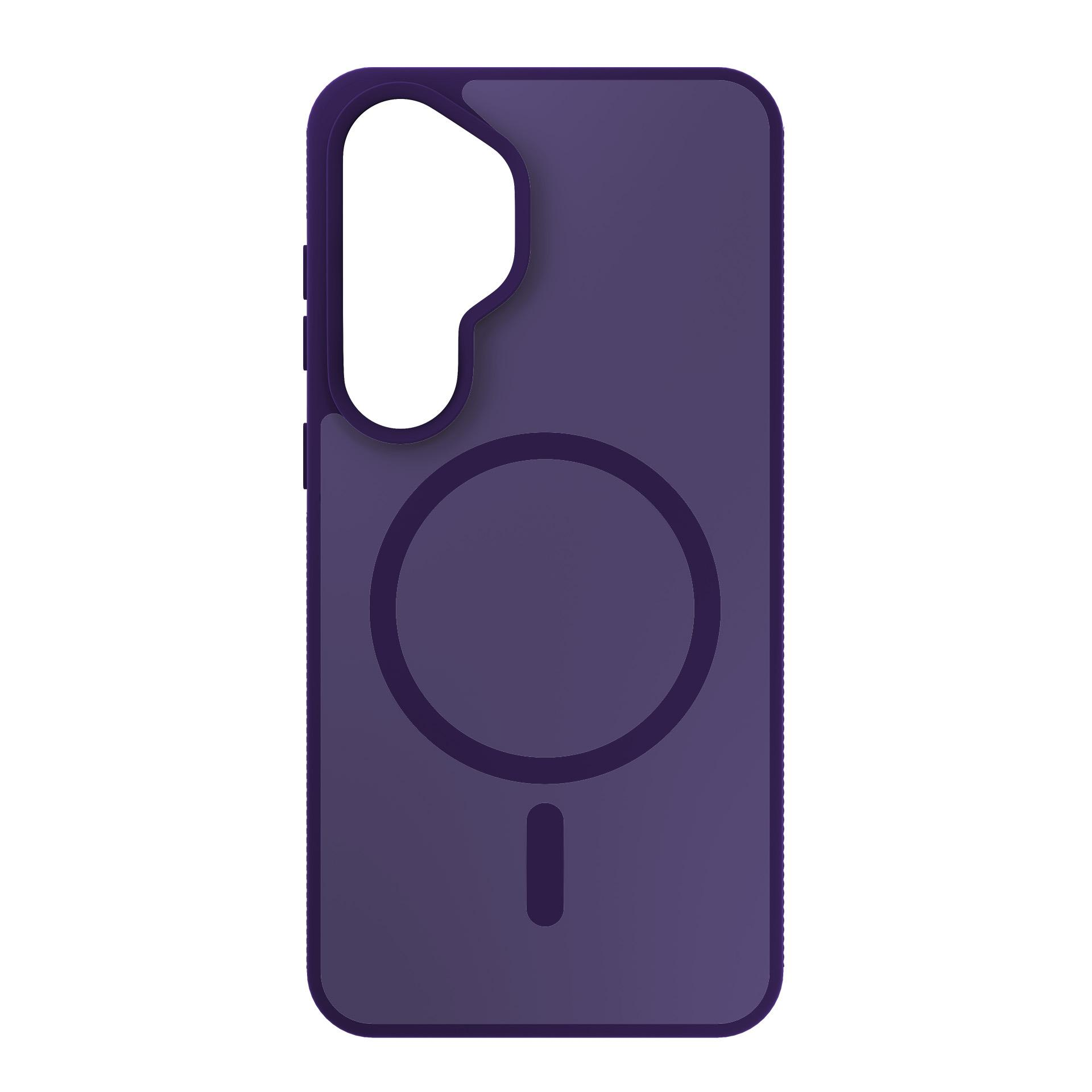 Fioletowe etui na telefon z okręgiem MagSafe i symbolem kreski.