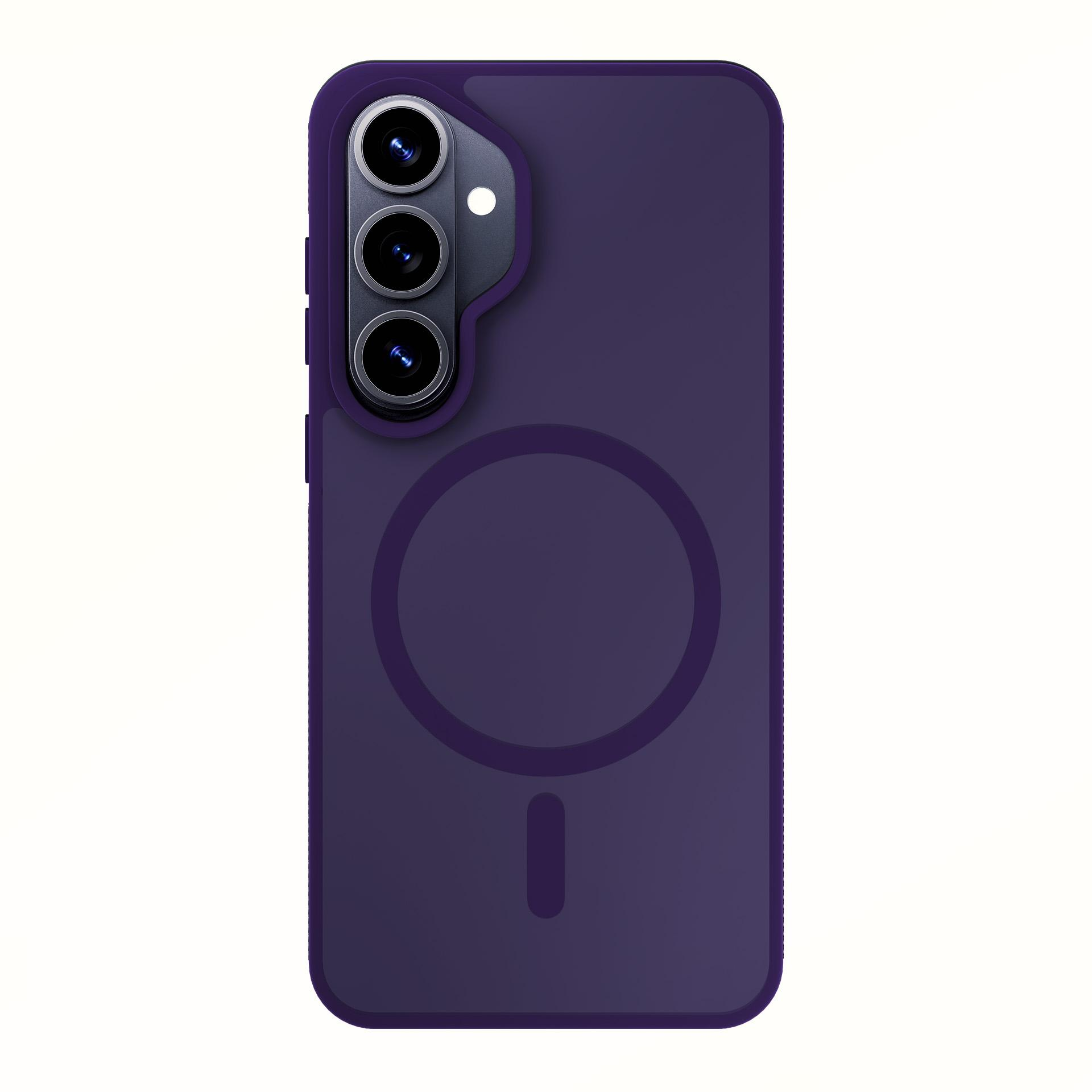 Granatowe etui na telefon z trzema obiektywami i wzorem pierścienia.