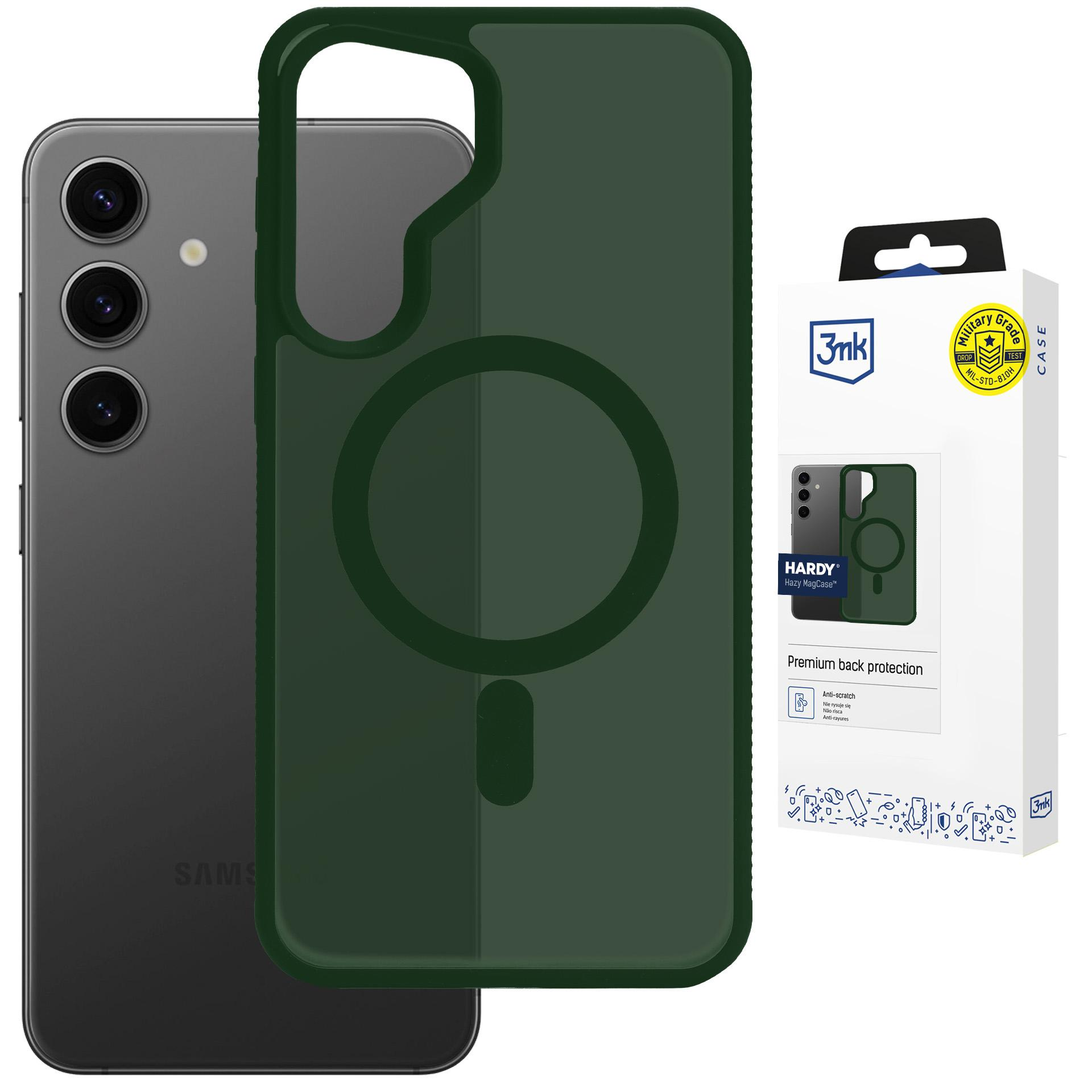 Ciemnozielone etui na telefon z magnetycznym kółkiem na smartfonie.