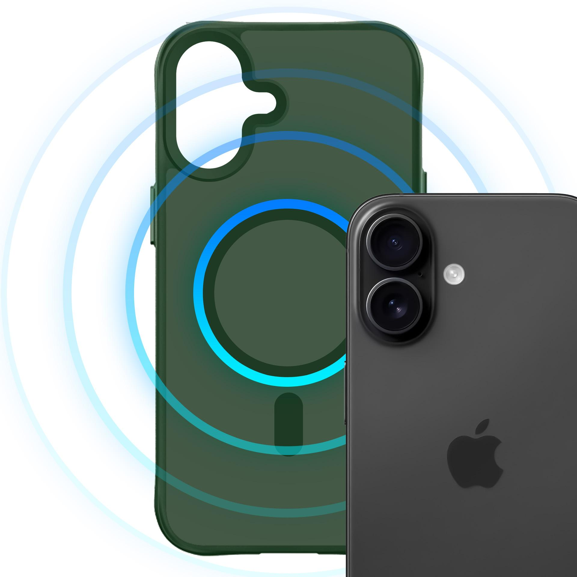 Ciemnozielone etui z magnetycznym kółkiem, obok czarny iPhone.