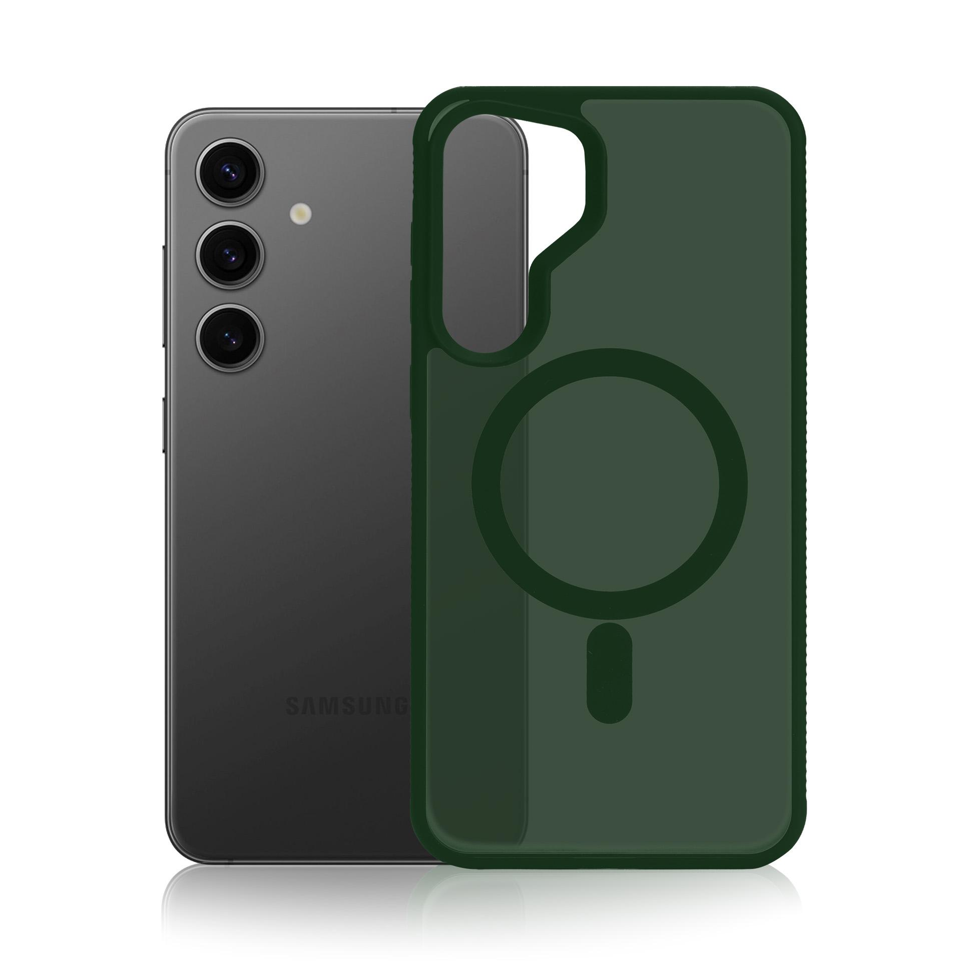Ciemnozielone etui na telefon z pierścieniem magnetycznym obok szarego smartfona.