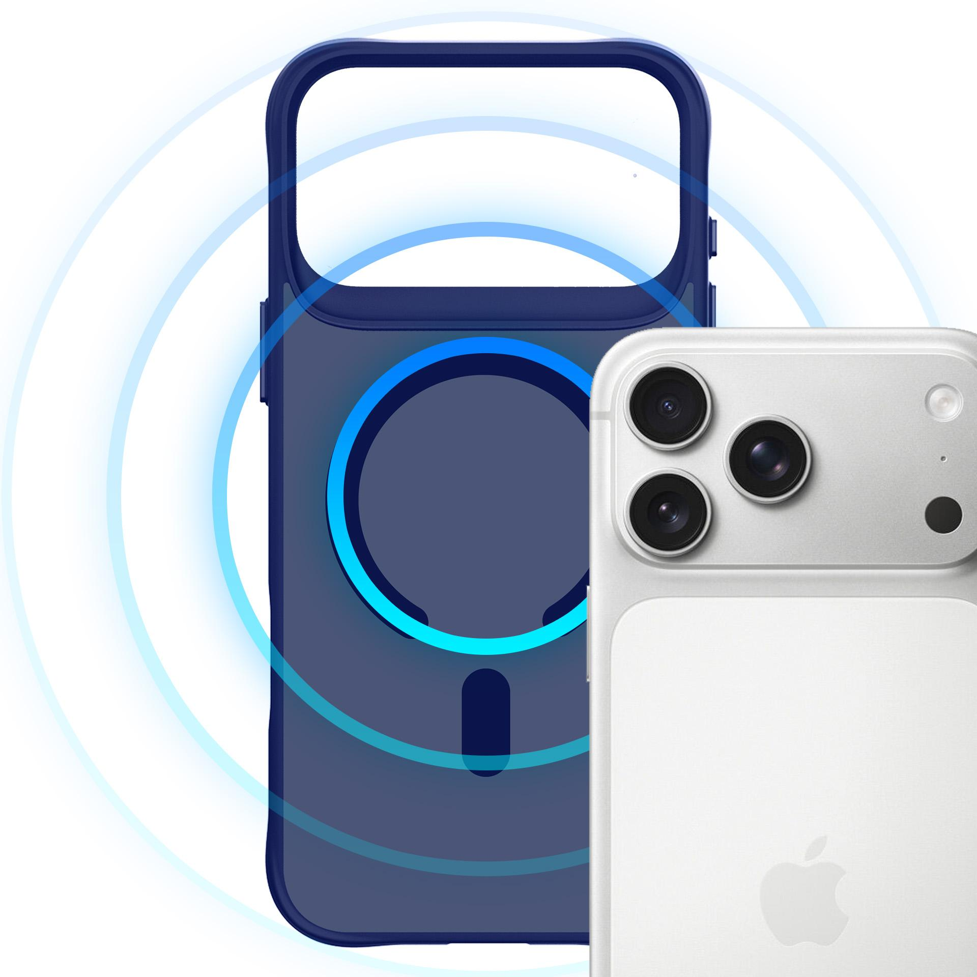 Ciemnoniebieskie etui na telefon z pierścieniem MagSafe, obok białego iPhone'a.