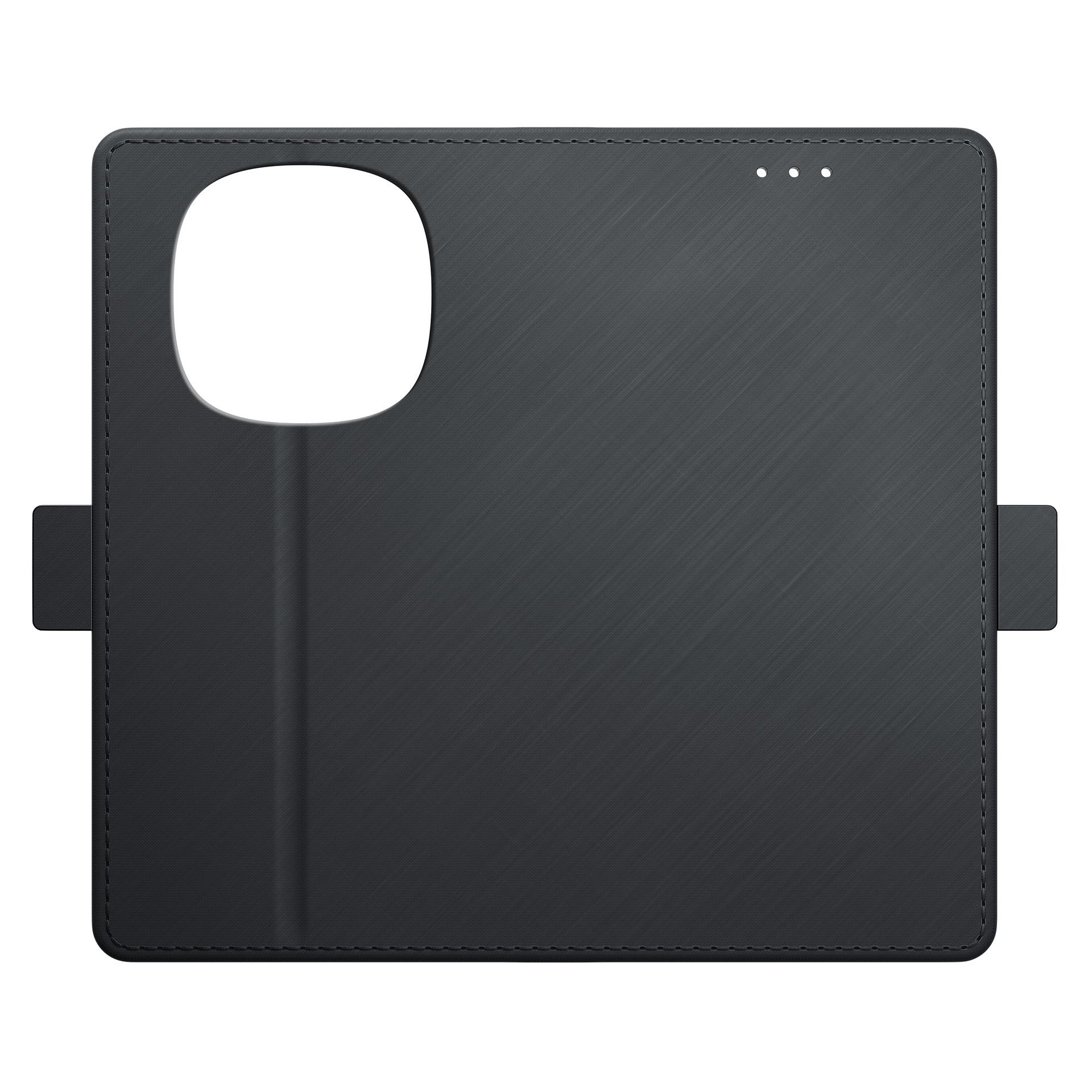 Ciemnoszare etui na telefon z ukośnym wzorem i wycięciem na aparat. Zawiera zakładkę.