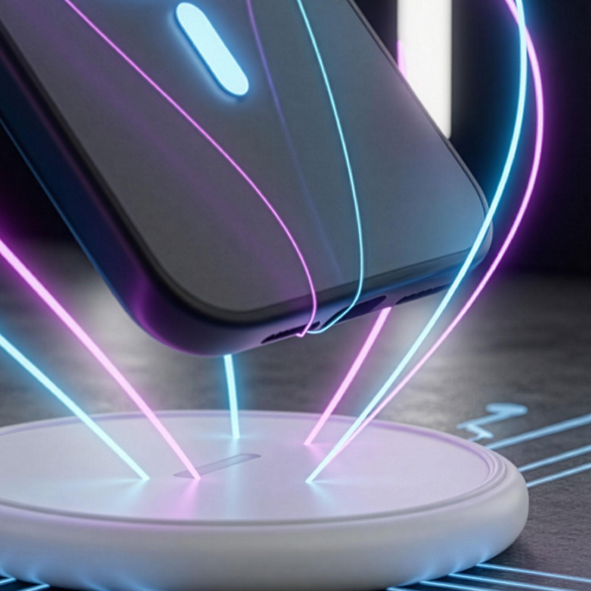 Smartfon unosi się nad ładowarką bezprzewodową, otoczony neonowymi światłami.