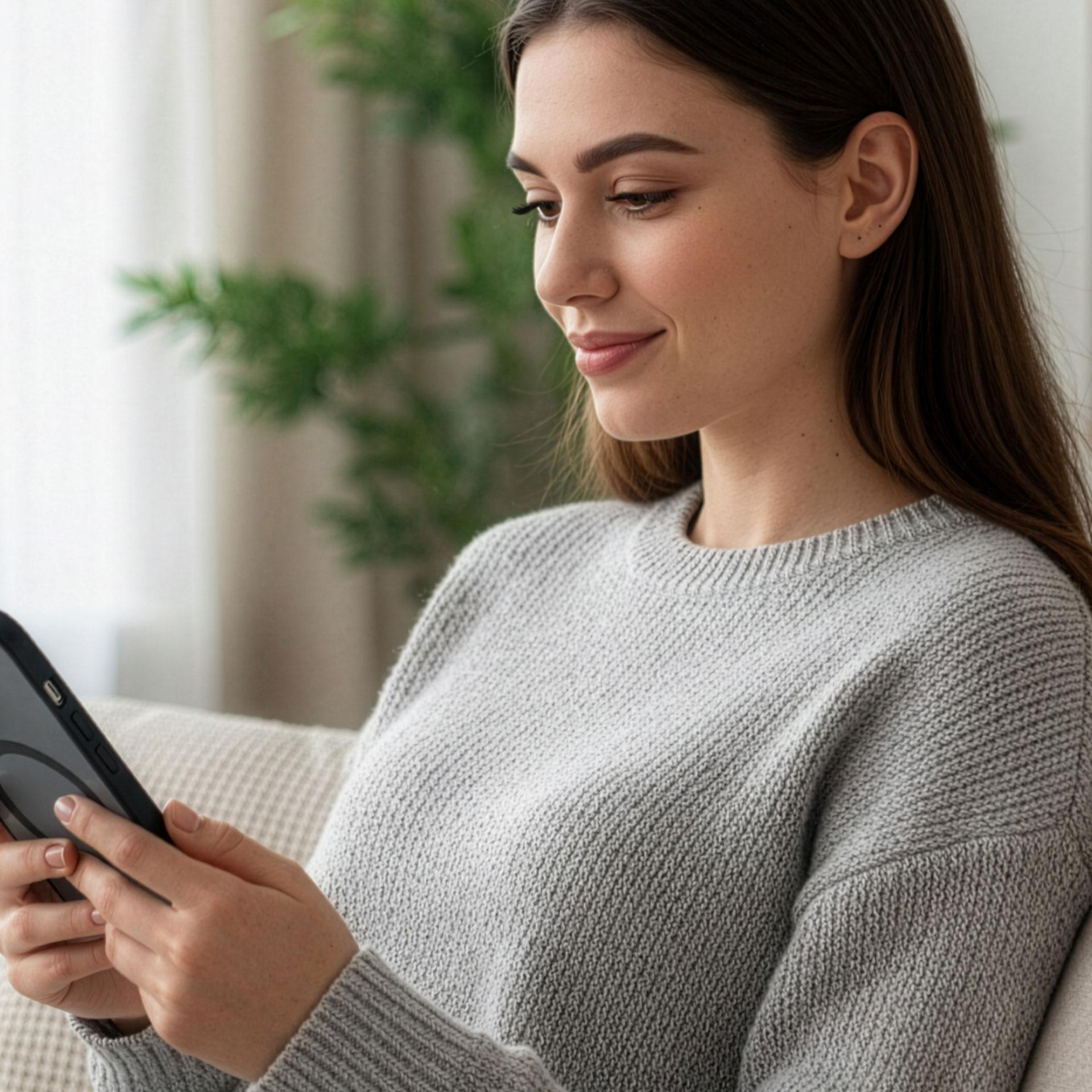 Kobieta w szarym swetrze czyta tablet siedząc na sofie.